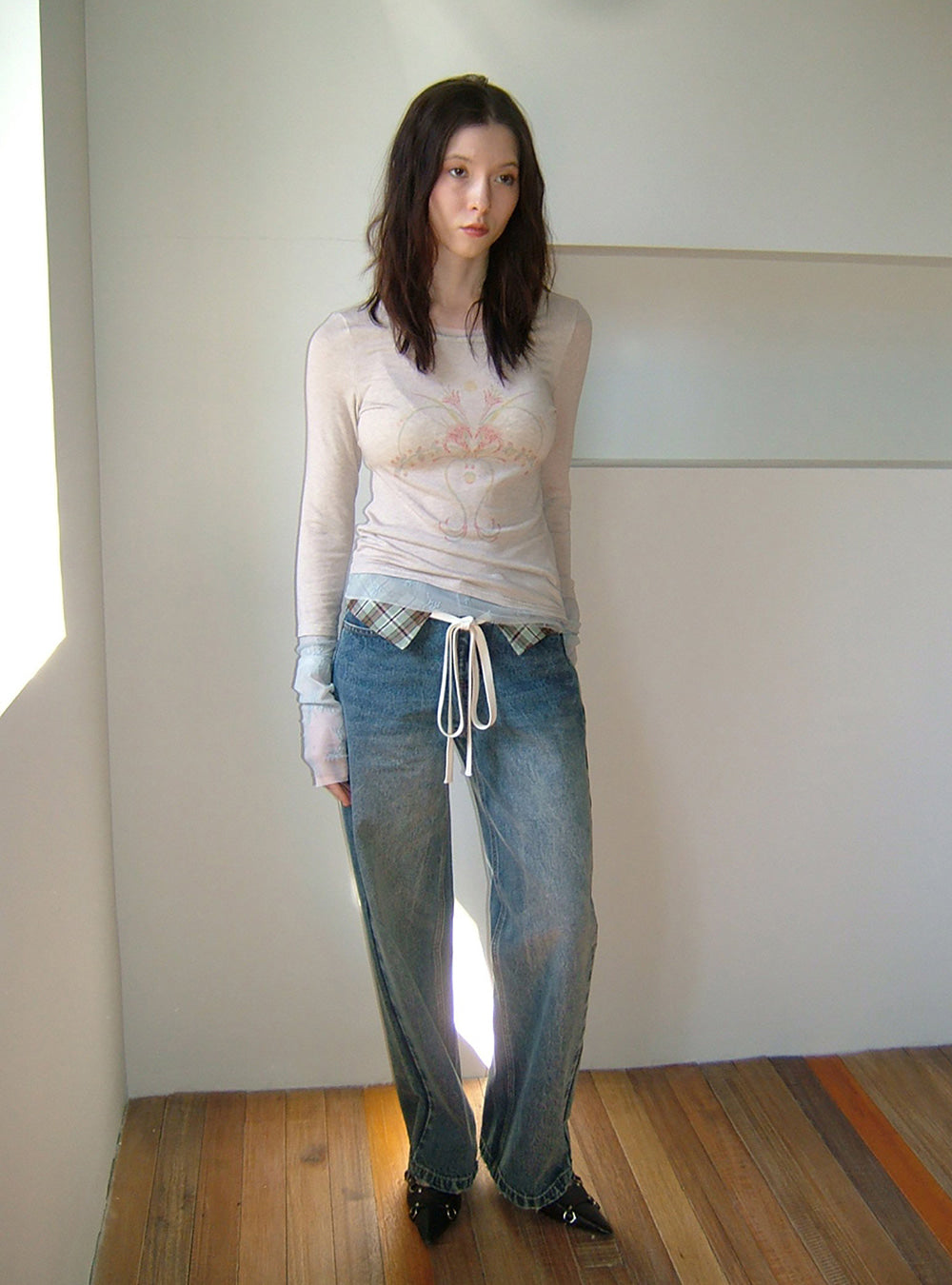 Plaid Accent Straight Denim Pants