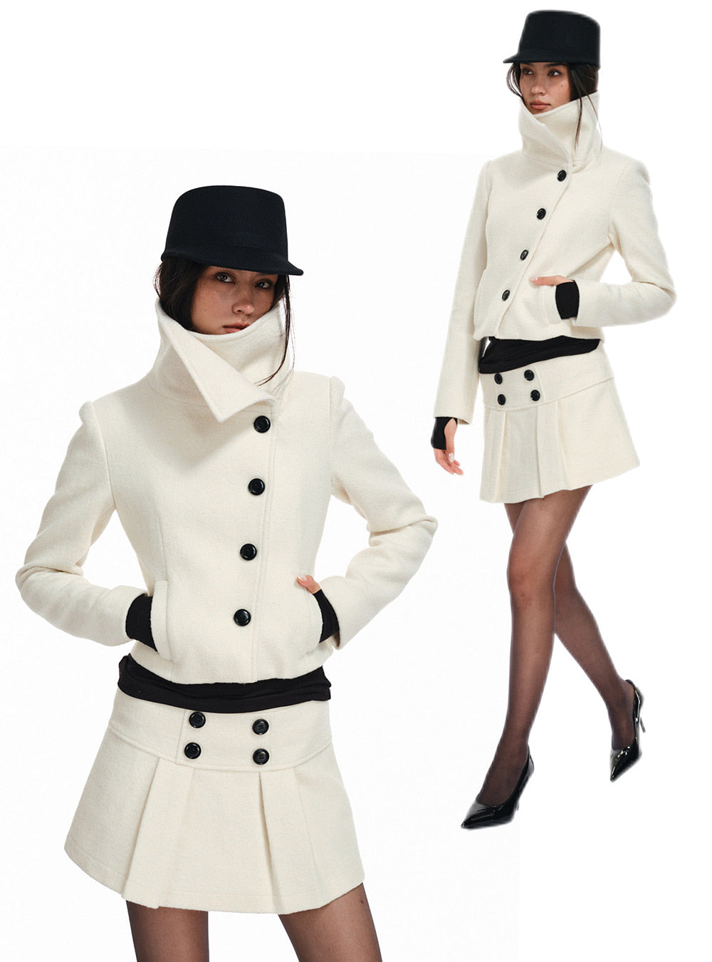 High Neck Button Jacket & Skirt (2color)