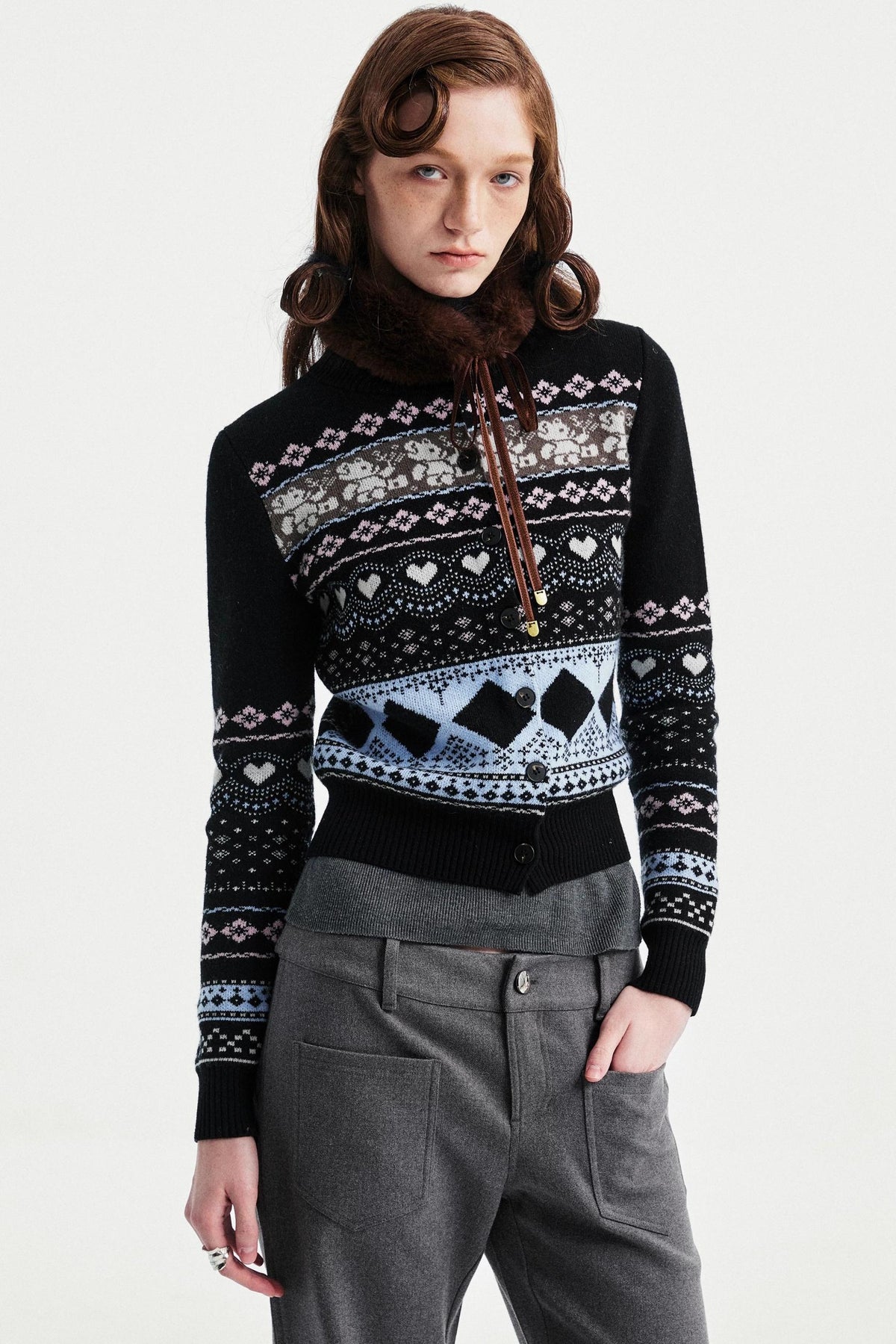 Retro Bear Jacquard Wool Cardigan