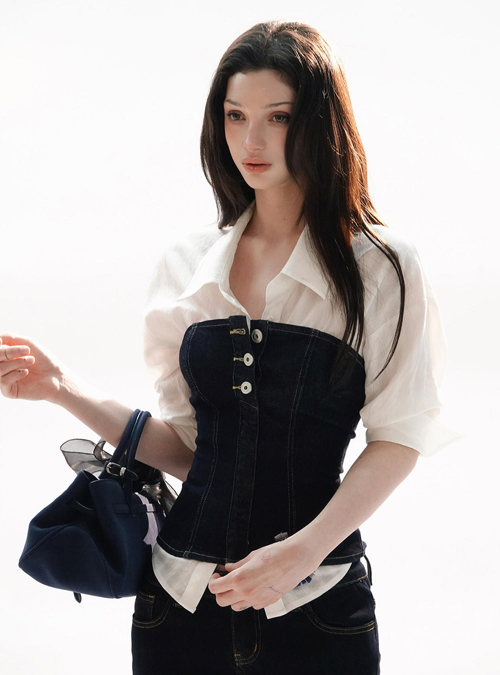 Denim Bandeau Top With Shirt & Denim Pants