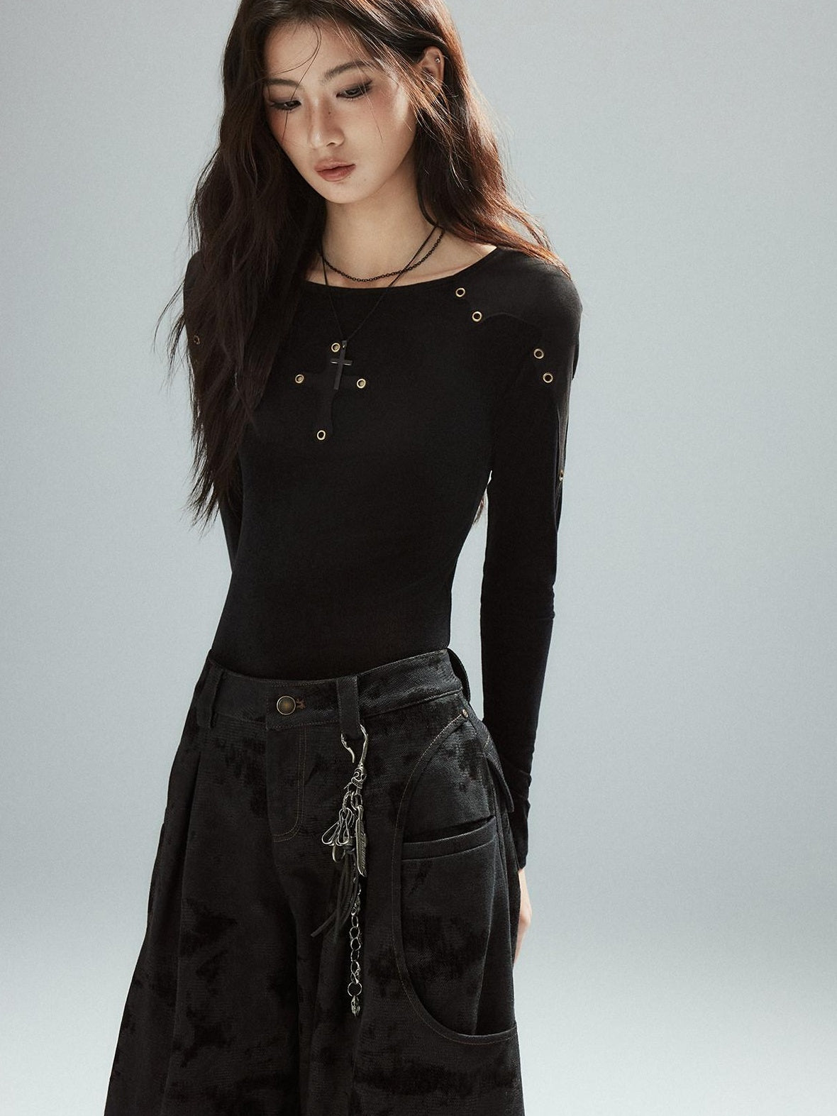 Slim Fit Patchwork Casual Crewneck Black Stretch Young Women Long Sleeve T-Shirts