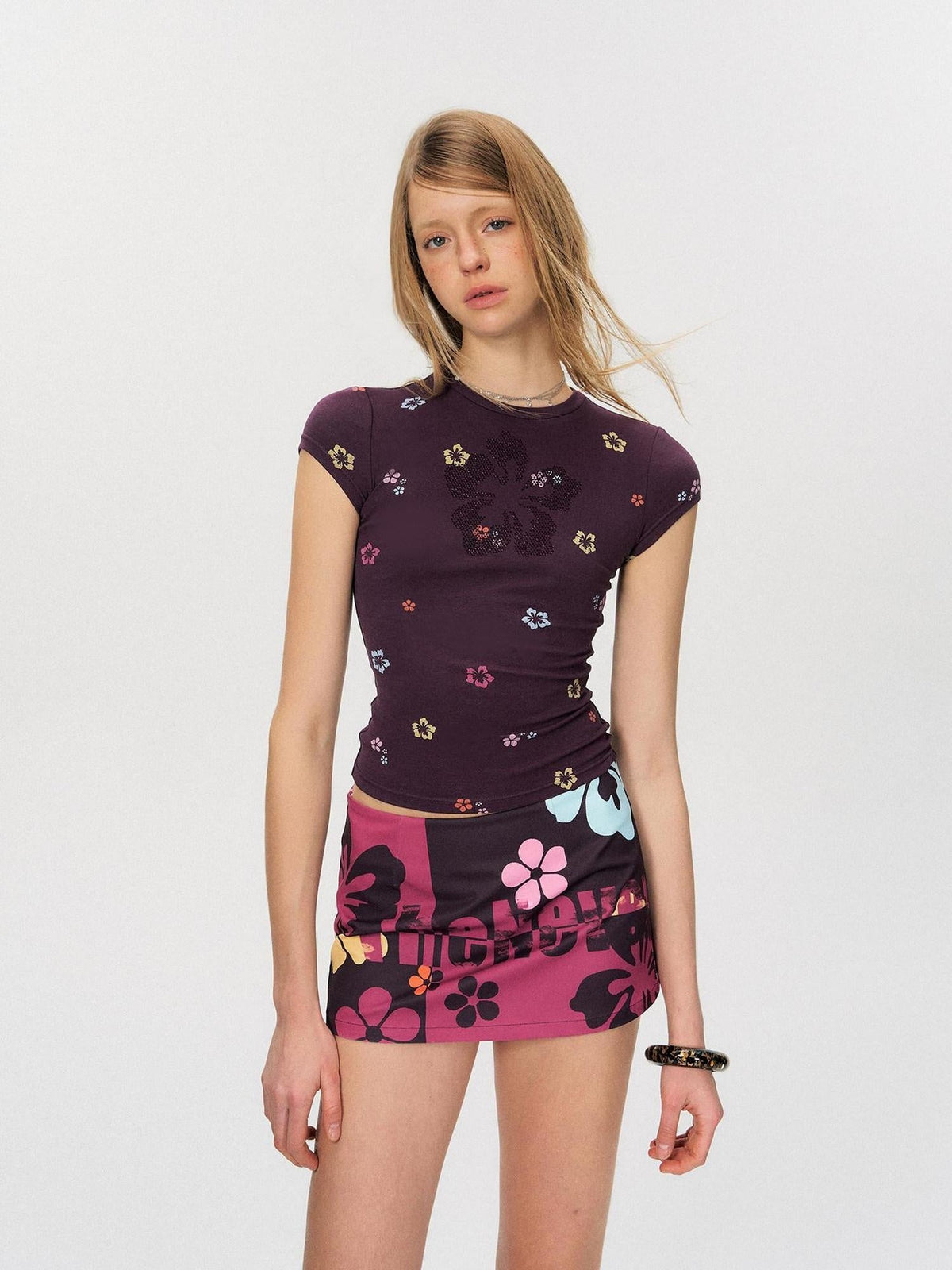Low Waist Floral Print Straight Bodycon Women Purple White Polyester Mini Skirts