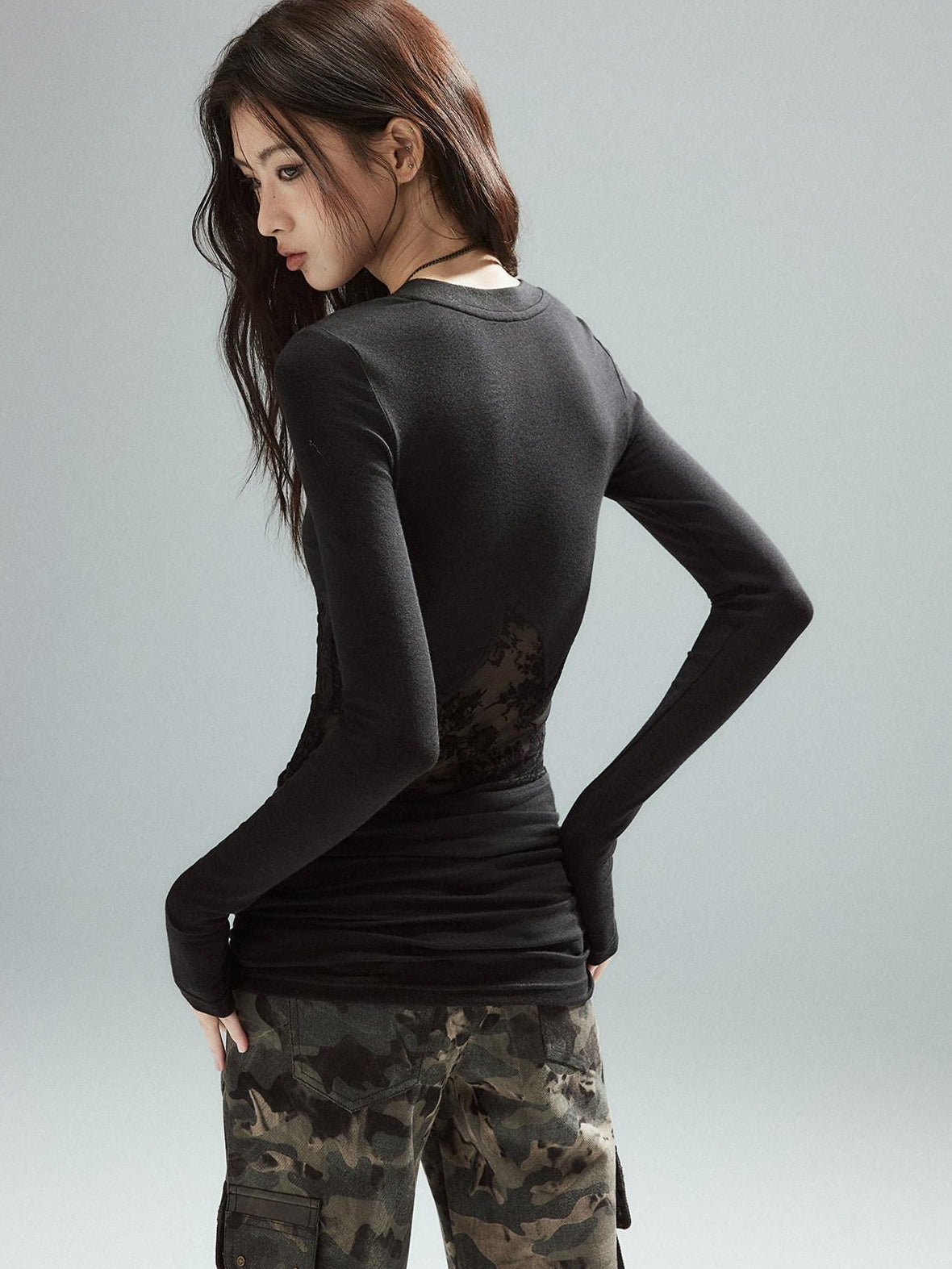 Asymmetrical Patchwork Slim Streetwear Black Lyocell Long Sleeve T-Shirts