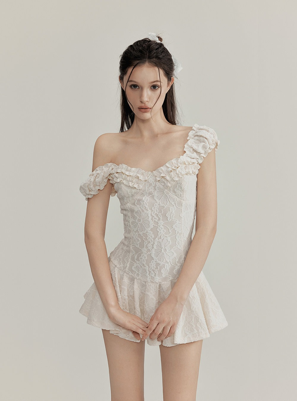 Jacquard Lace Frill Flare Mini Dress
