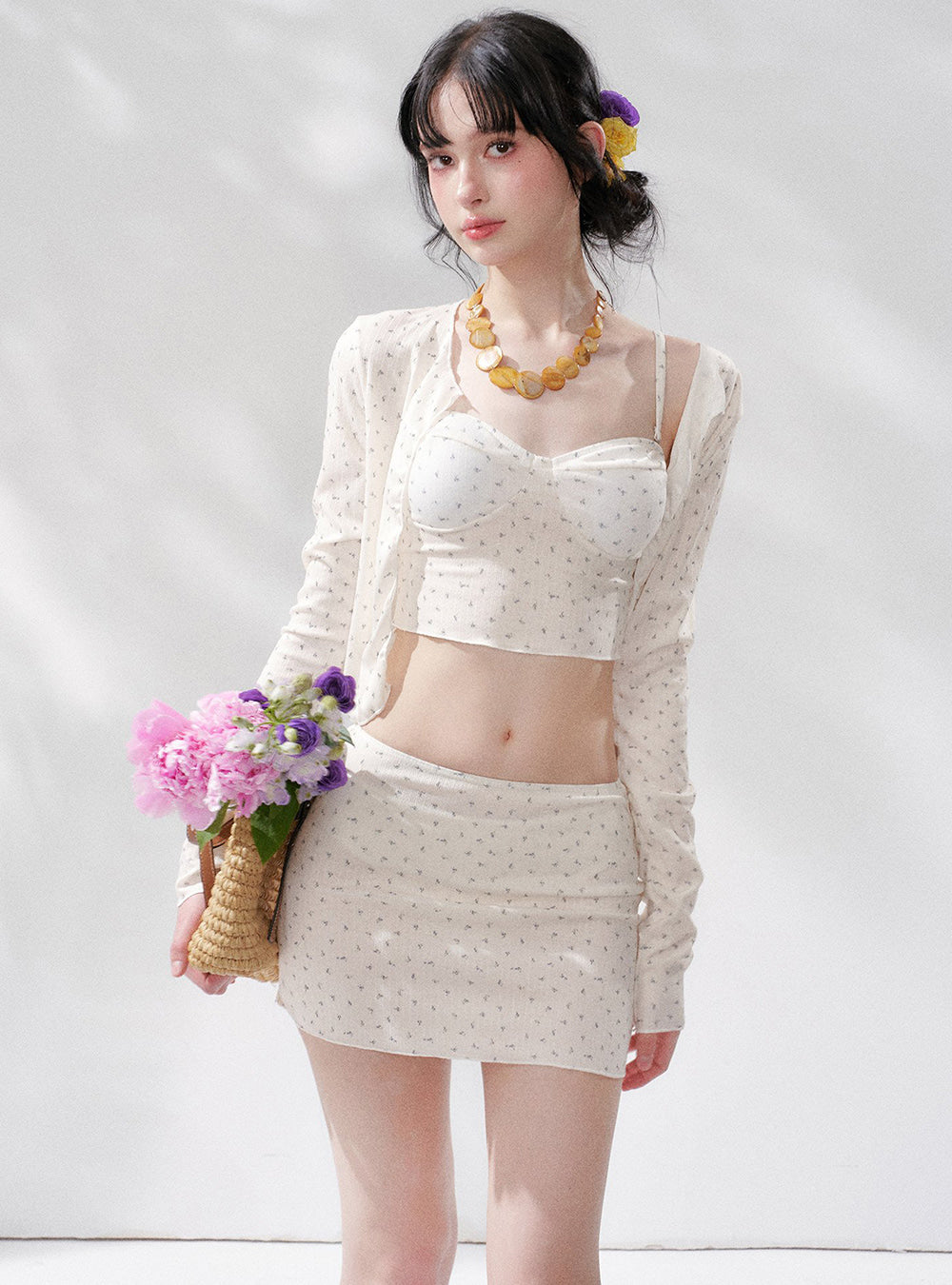 Floral Sheer Cardigan Swim Set (4Piece)