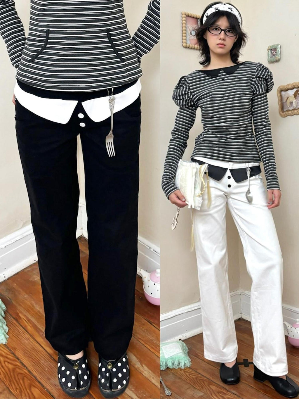 Light Stretch Casual Dual Waist Natural Waist Unisex Black White Straight Pants