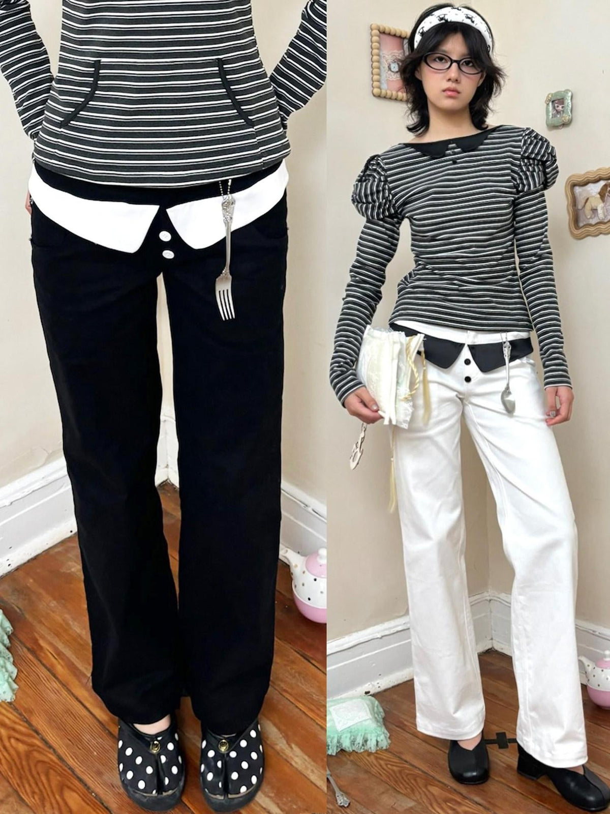 Light Stretch Casual Dual Waist Natural Waist Unisex Black White Straight Pants