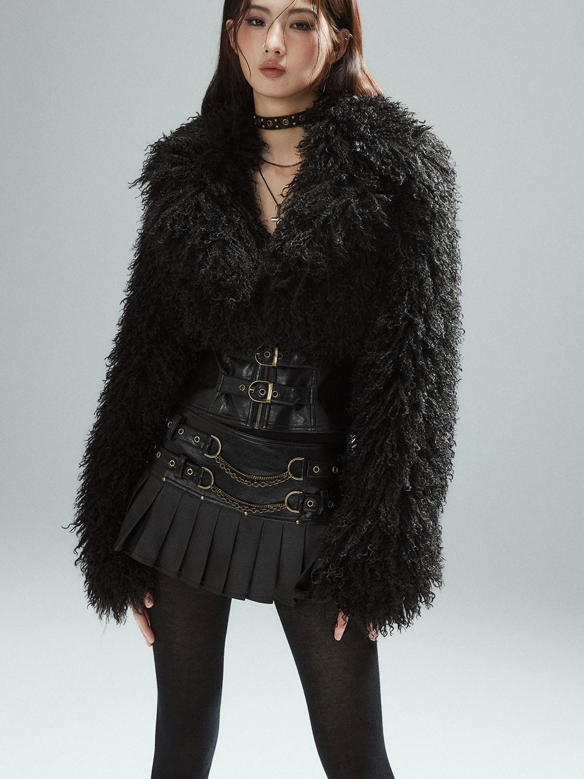 Low Waist Pleated A Line Street Patchwork Chain Zipper Lined Black Mini Skirts