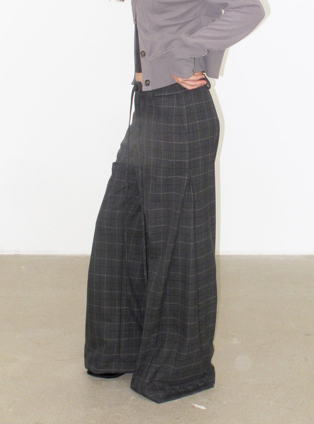 Dark Grey Check Side-Slit Wide Pants
