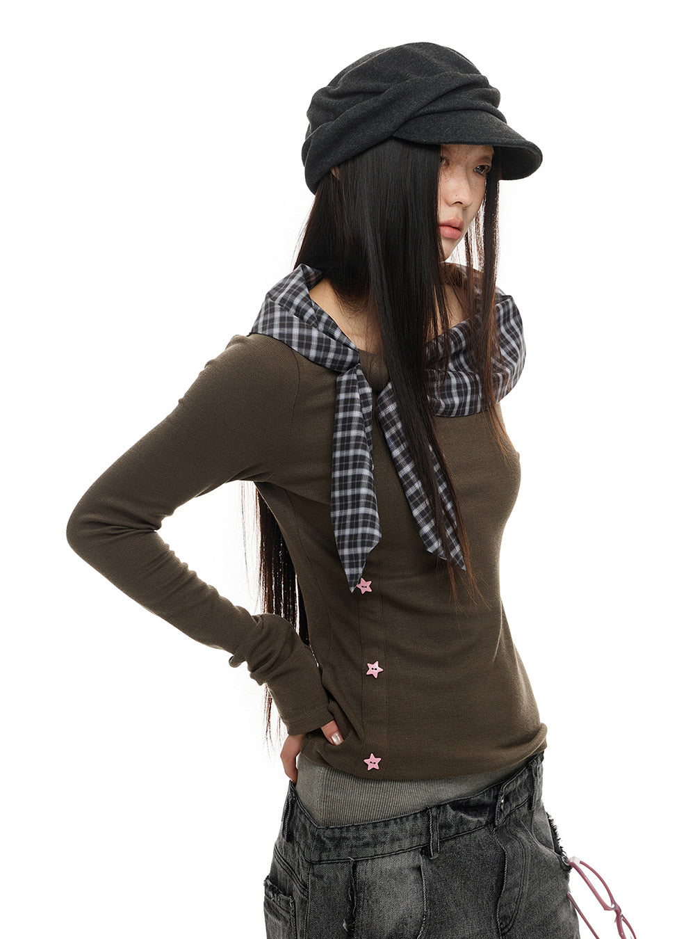 Plaid Boat Neck Knit Top