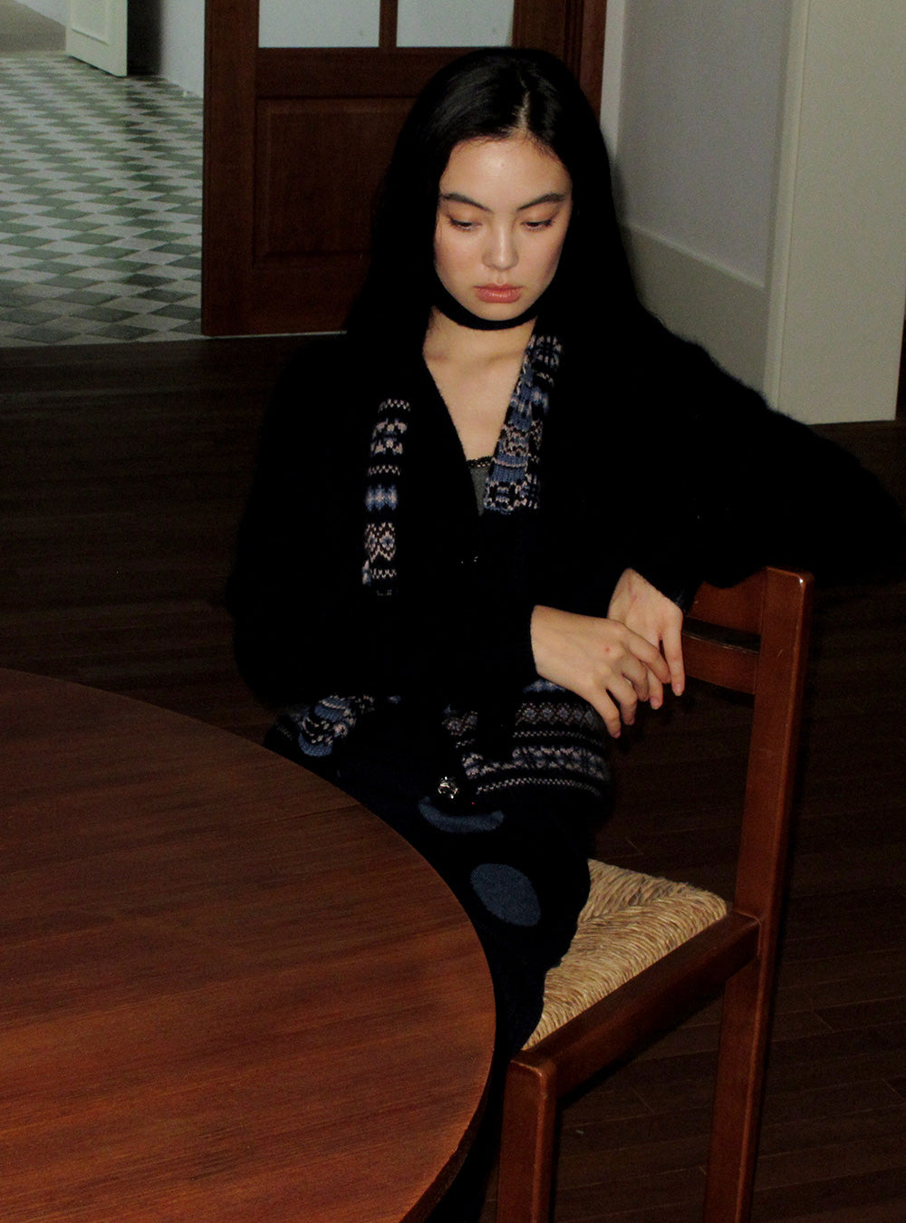 Navy Diamond Knit Open Cardigan