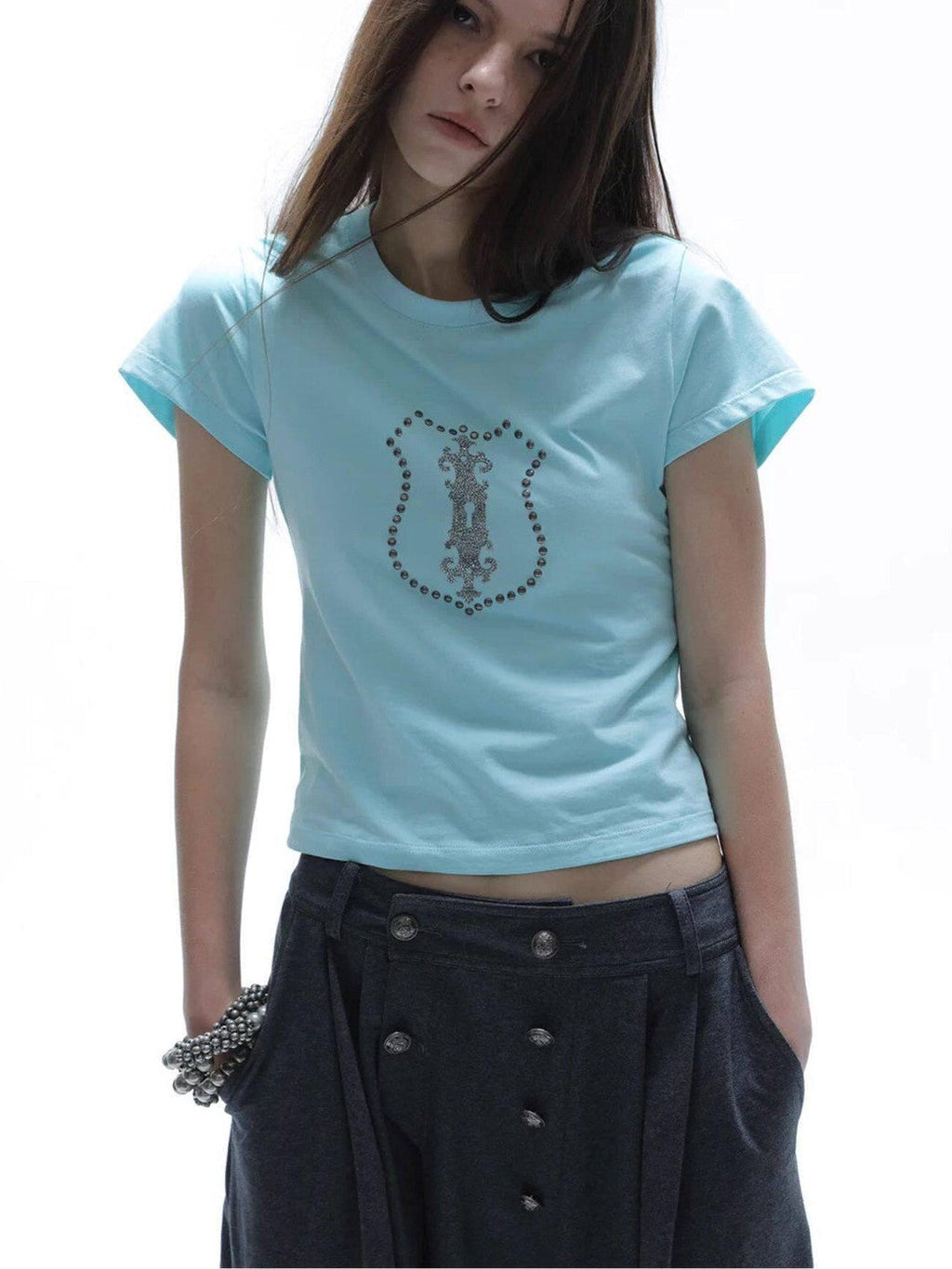 Cropped Hotfix Rhinestone Slim Fit Vintage Women'S Cotton Short Sleeve T-Shirts