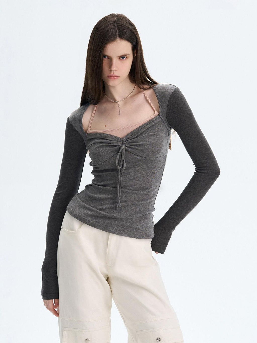 Soft Cotton Blend Printed Square Neck Fitted Women Long Sleeve Crop Tops