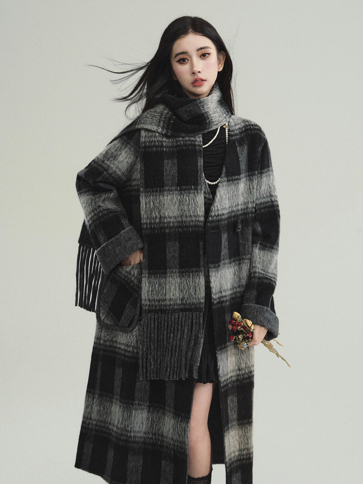 Plaid Collarless Wool Tweed Long Coat