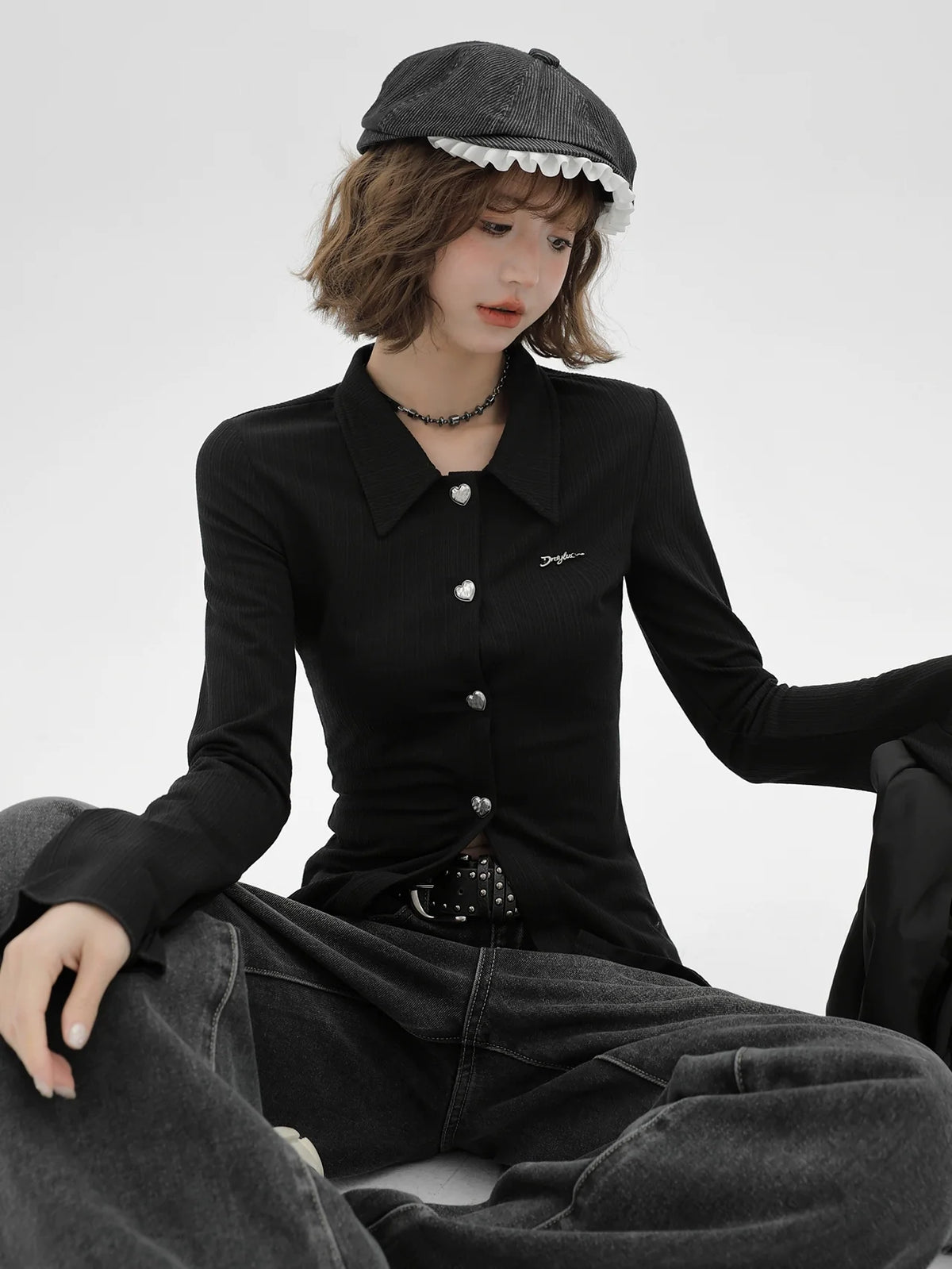 レトロポロカラーベルスリーブスリムニットブラックカーディガン