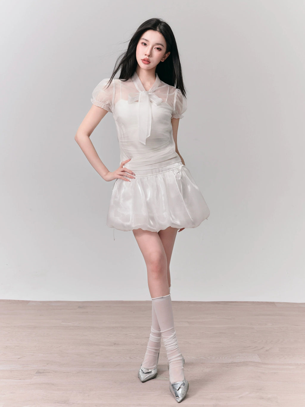 Puff Sleeve Organza Bow Tie Blouse and Mini Bubble Skirt