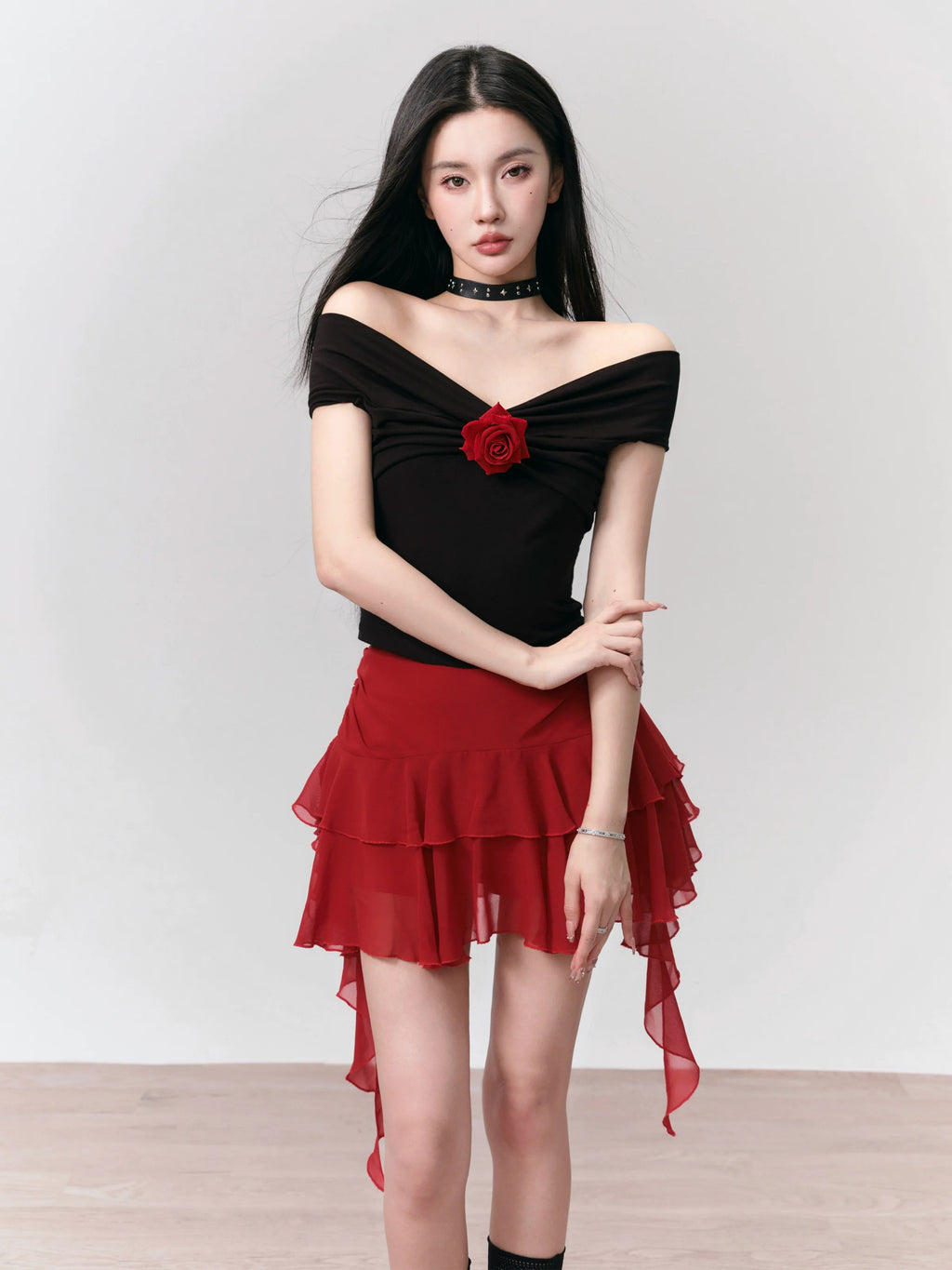Rose Motif Knit Off-Shoulder Top And Ruffled Chiffon Skirt