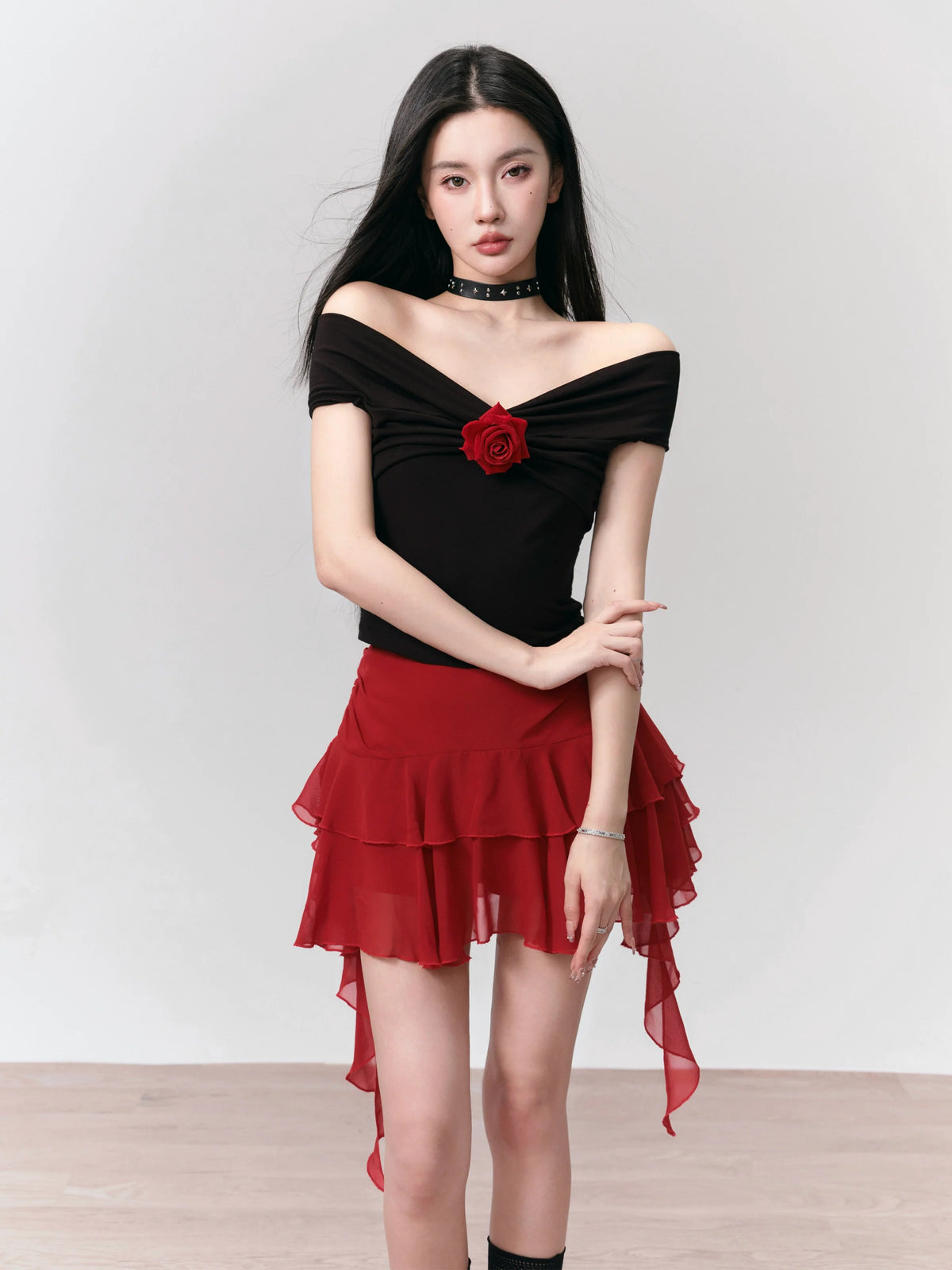 Rose Motif Knit Off-Shoulder Top And Ruffled Chiffon Skirt