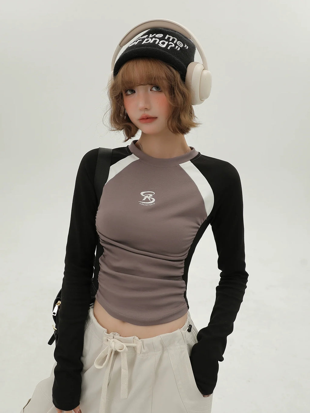 アメリカンホットガールコントラストカラーショートスリムロンT