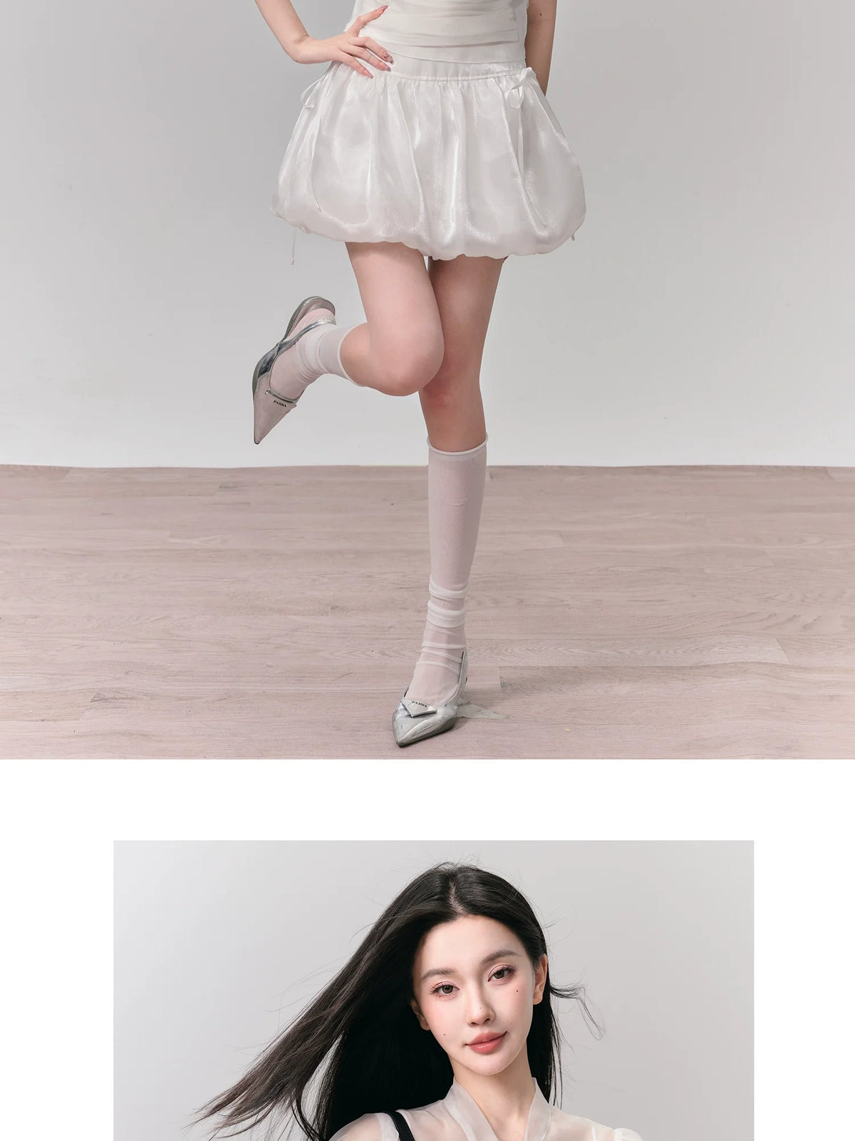 Puff Sleeve Organza Bow Tie Blouse and Mini Bubble Skirt