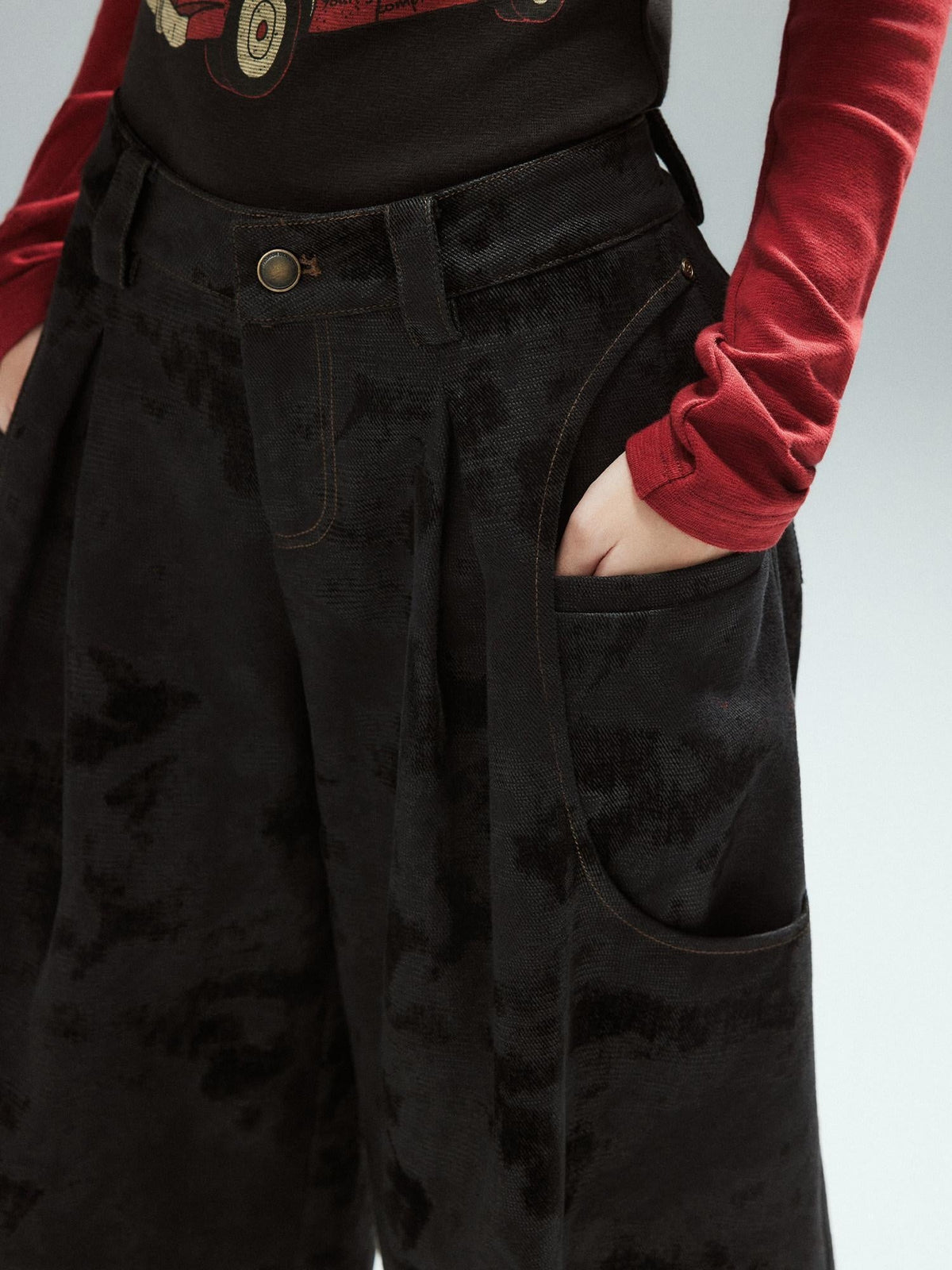 Black Cotton Flocked Low Rise Loose Street Women Zip Fly Wide Leg Jeans