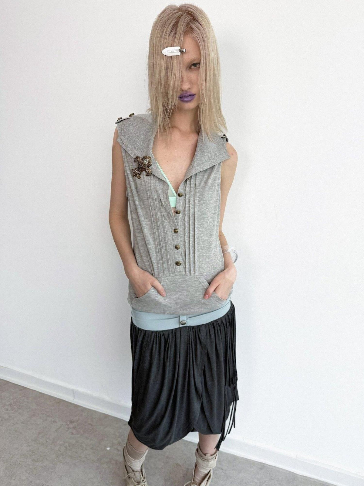 Metal Button Epaulet Convertible Half High Neck Women'S Cotton Blend Tank Tops