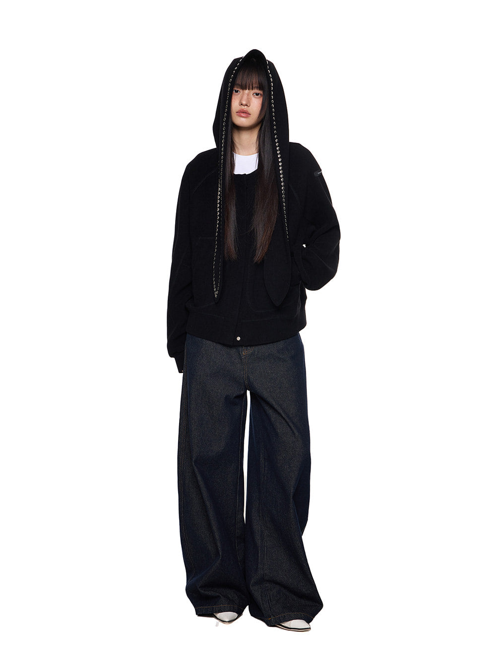 Soft Studded Bunny-Hood Zip Jacket (3color)
