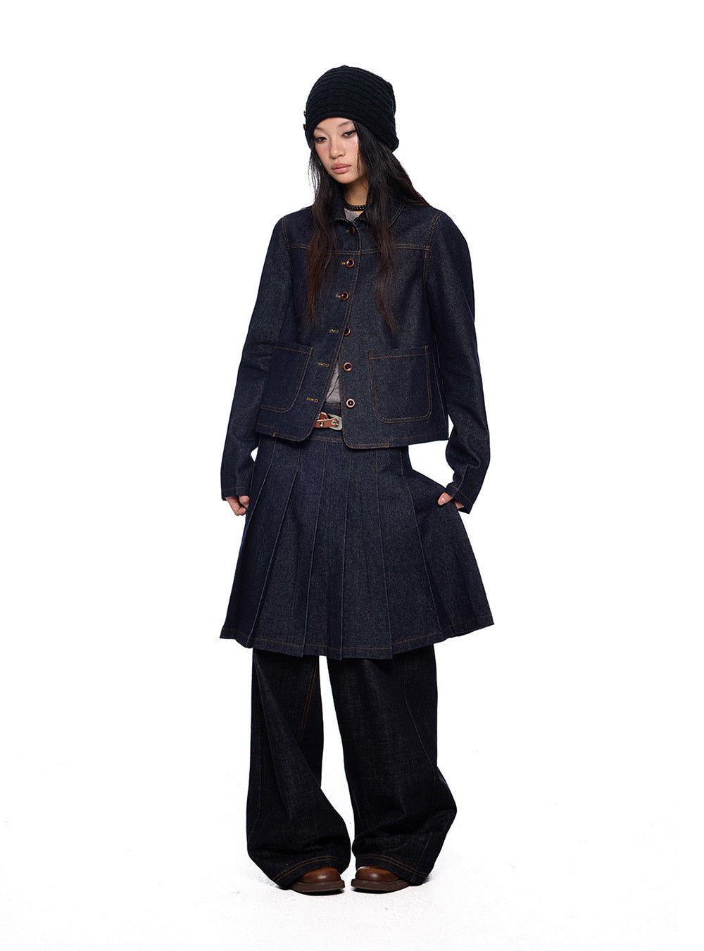 Side Button Pleated Denim Midi Skirt