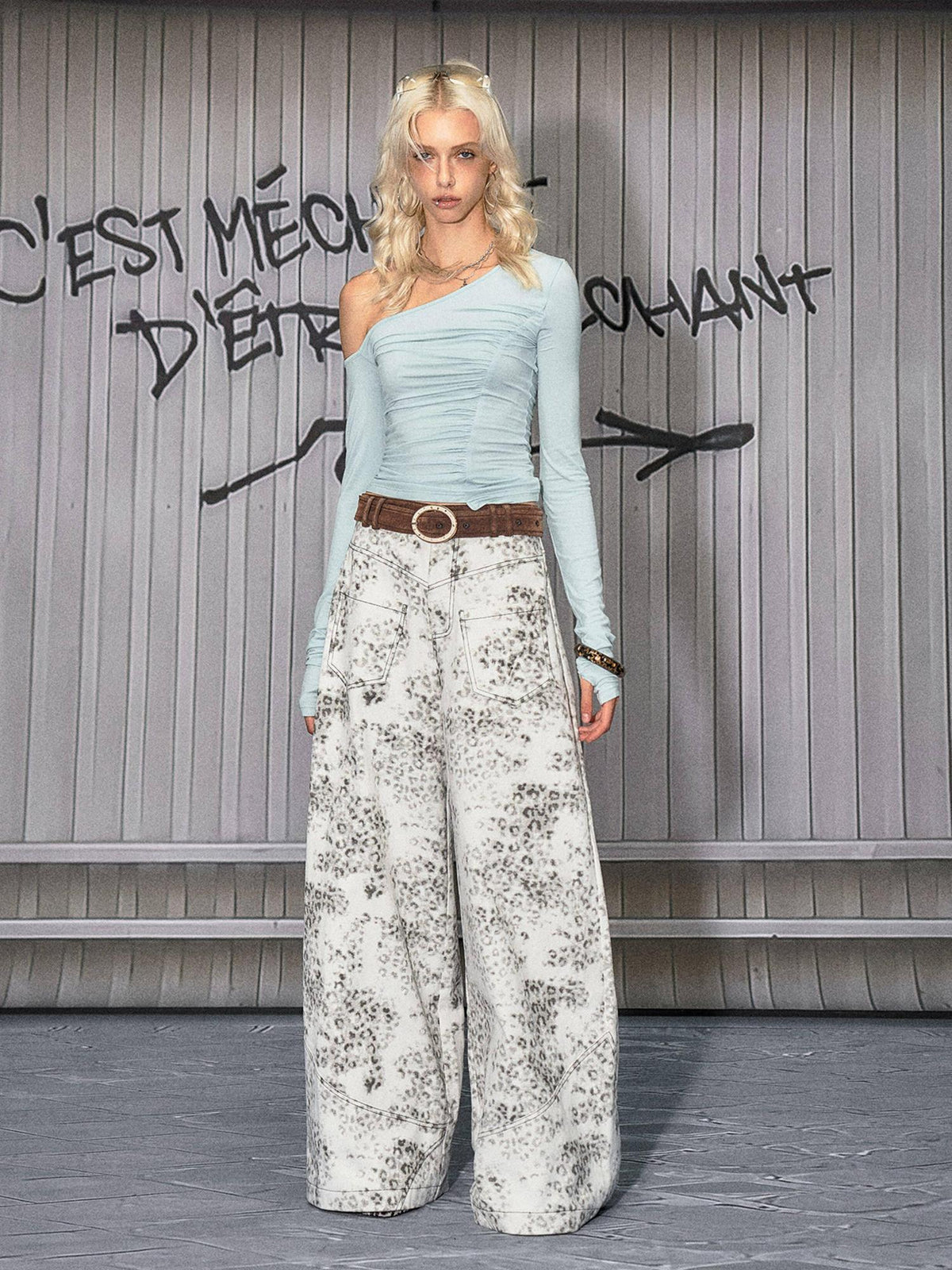 Leopard Cotton Zipper Natural Waist Loose Fit Sexy Women Wide Leg Jeans