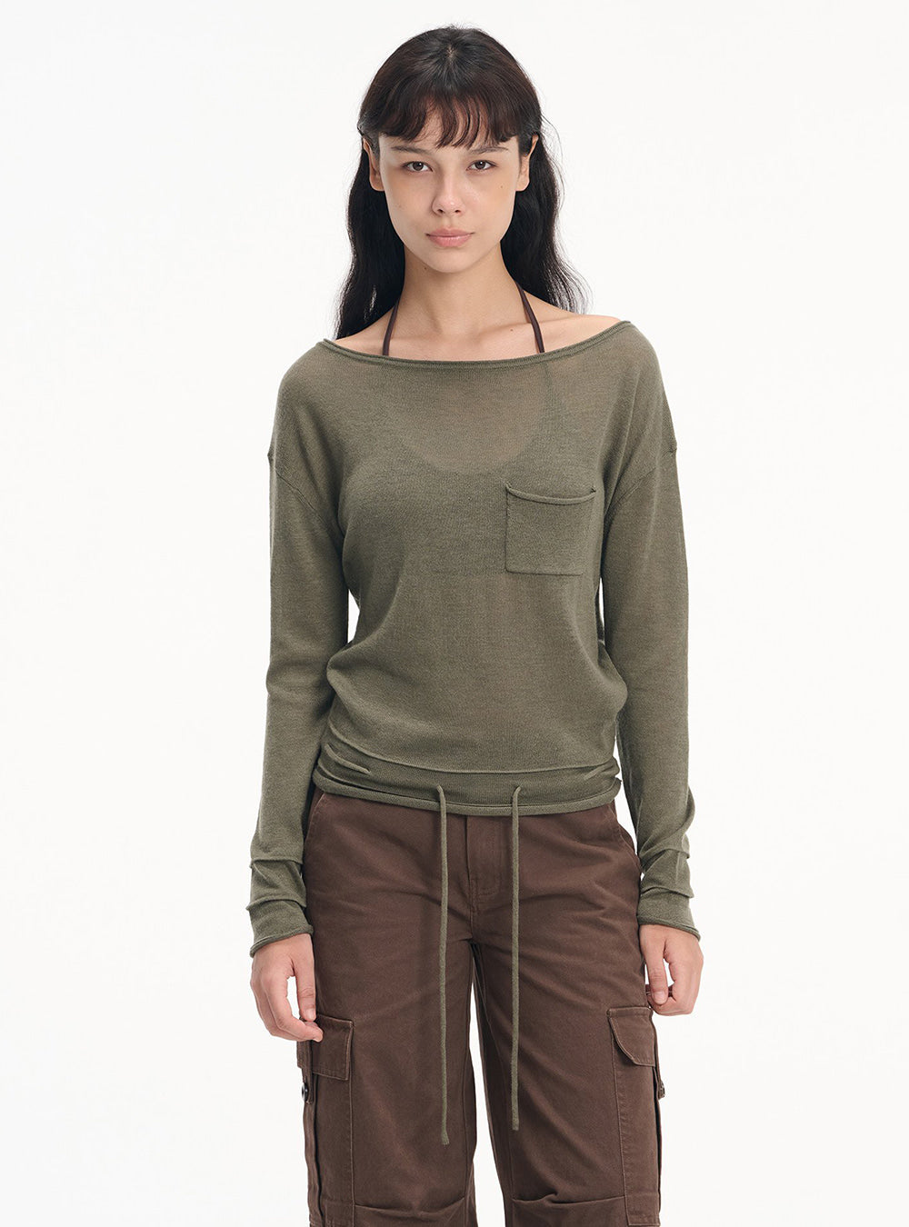 Drawstring Pocket Boatneck Top
