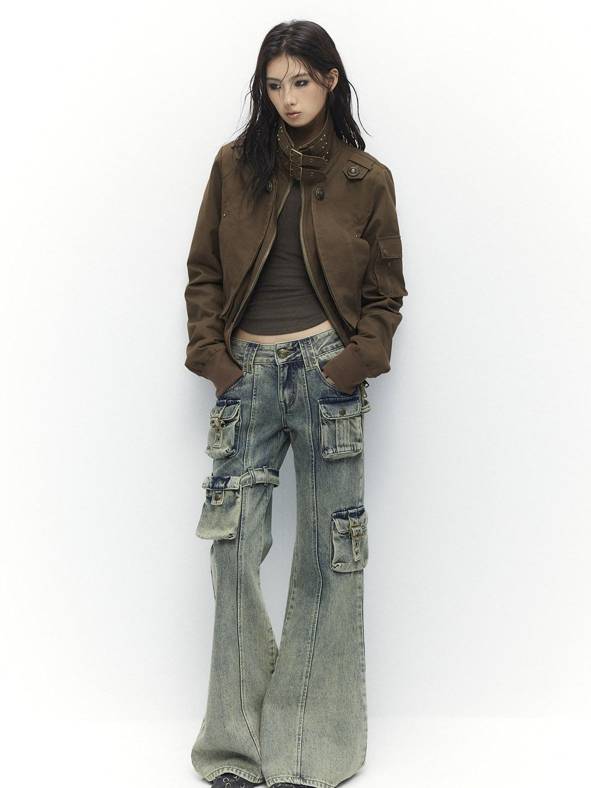 Slim Waist Dark Gothic Cotton Zip Stand Collar Long Sleeve Women Cropped Jackets