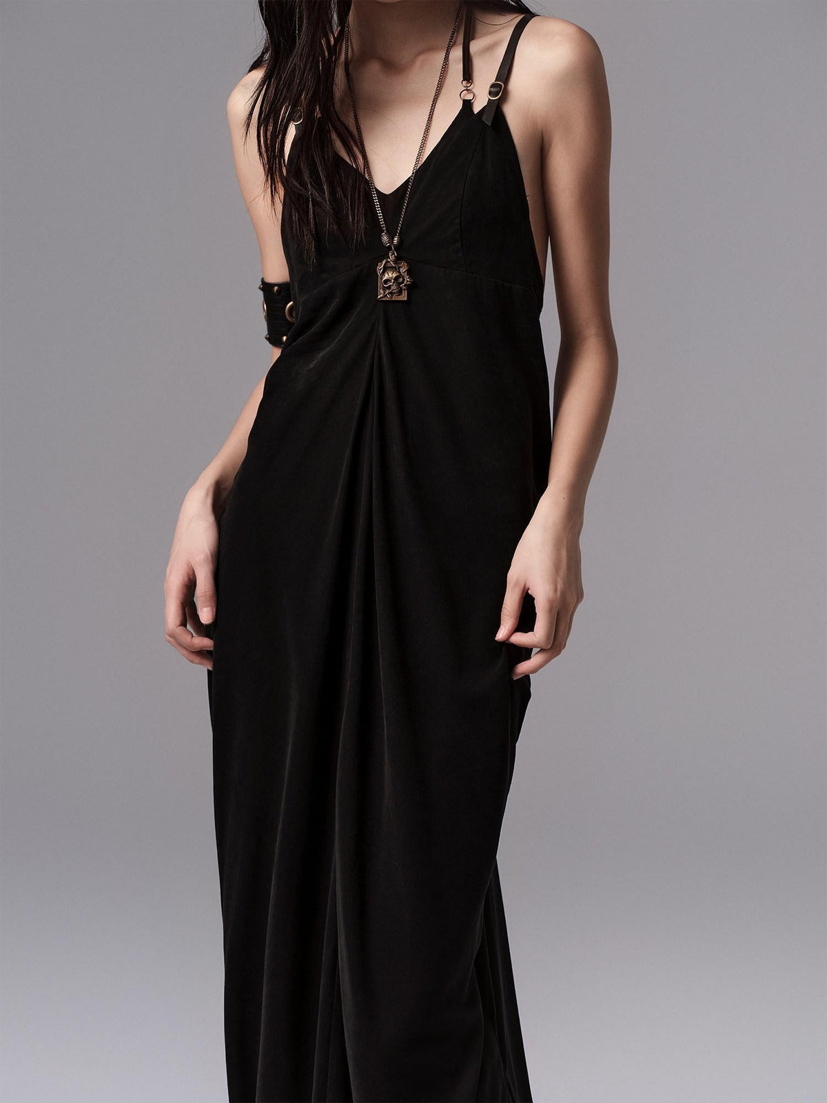 Pure Cupro Slim Fit Dark Gothic Vneck Camisole Women Black Zip Back Maxi Dresses