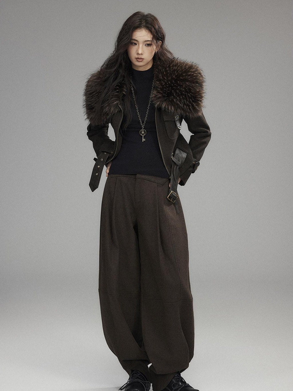 Thick Wool Blend Slim Fit Sexy Lapel Zipper Brown Everyday Women Cropped Jackets