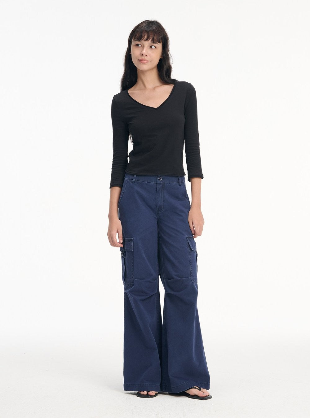 Slub Roll-Up V Neck Top (3color)