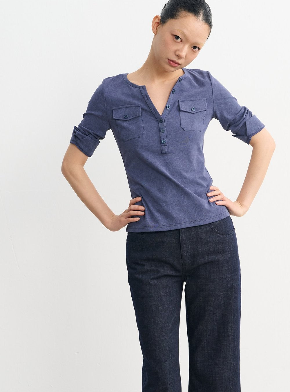 Henley Pocket Trim Top (2color)