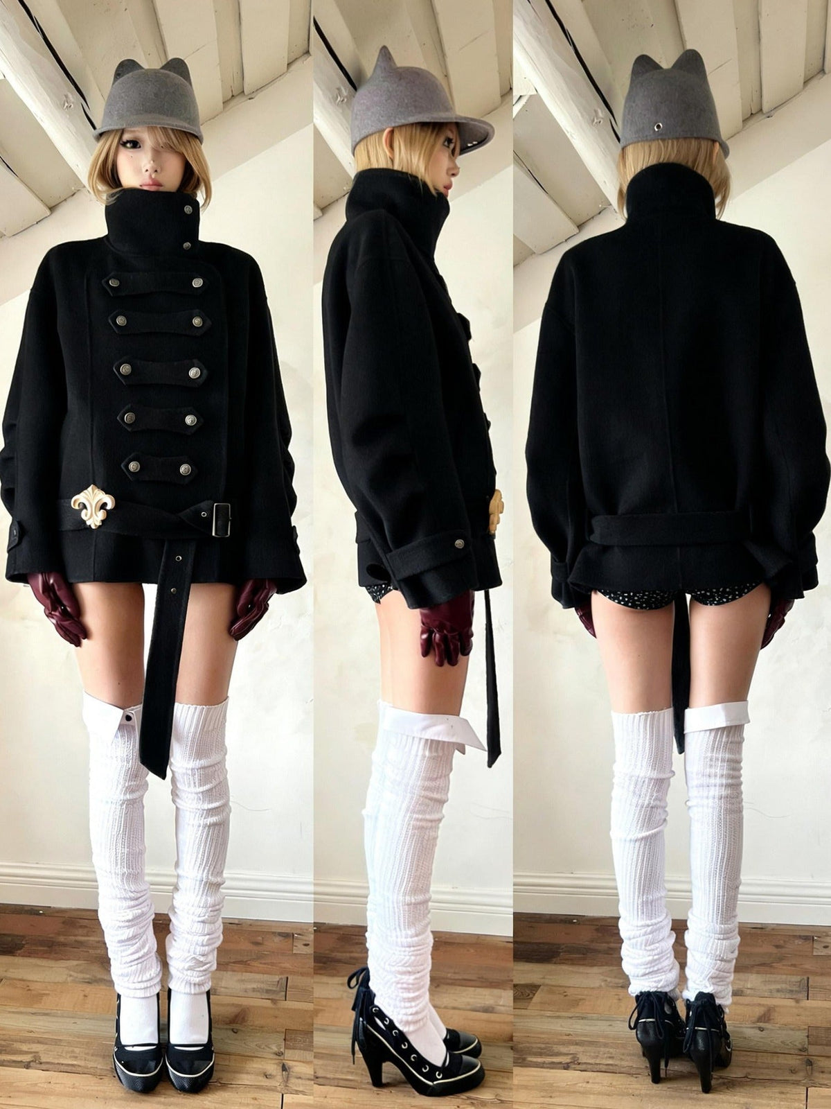 Warm Wool Blend Pleated Biker Collar Unisex Double Breasted Cropped Wool Coats