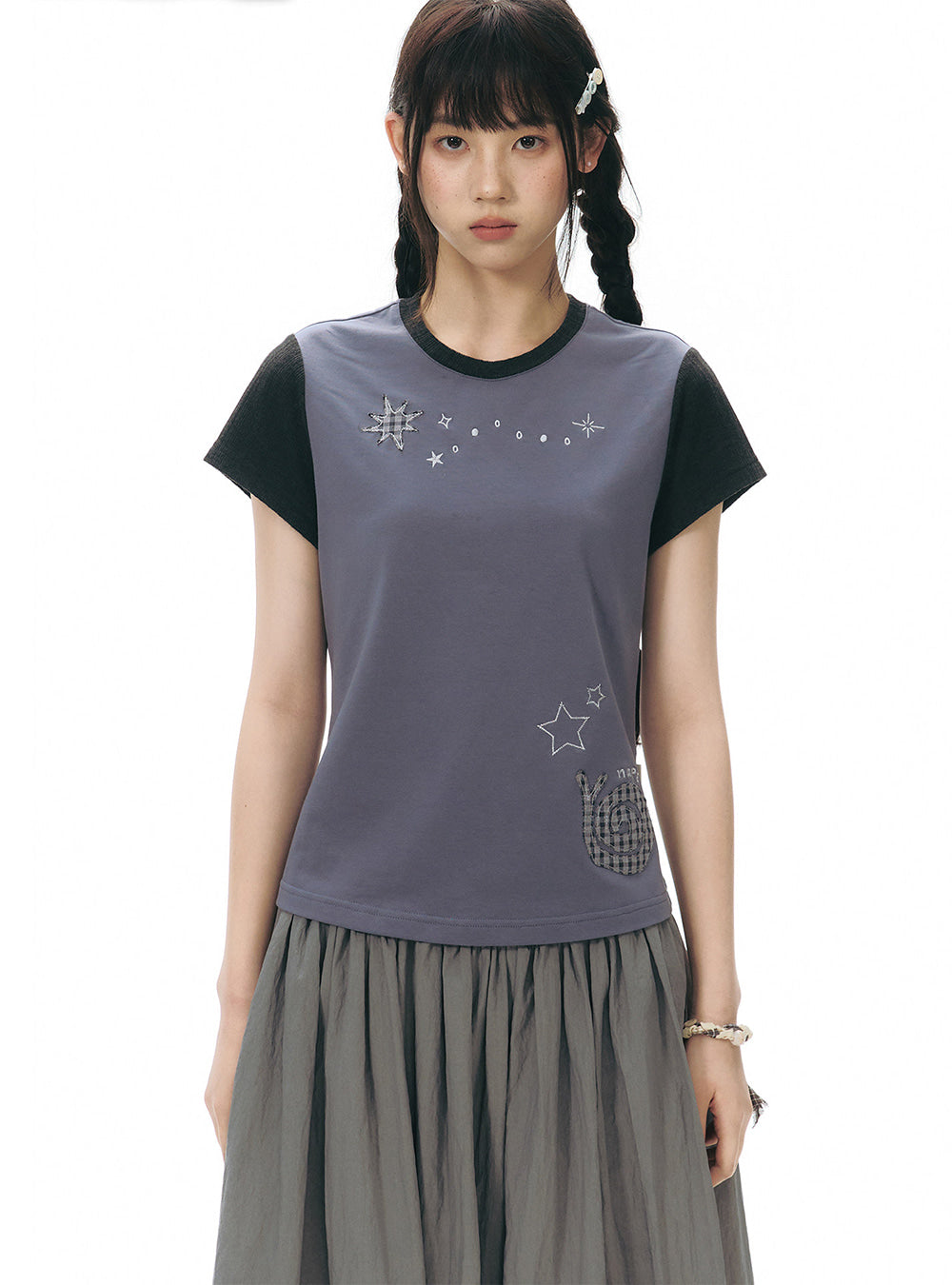 Star Snail Contrast Sleeve Top (2color)
