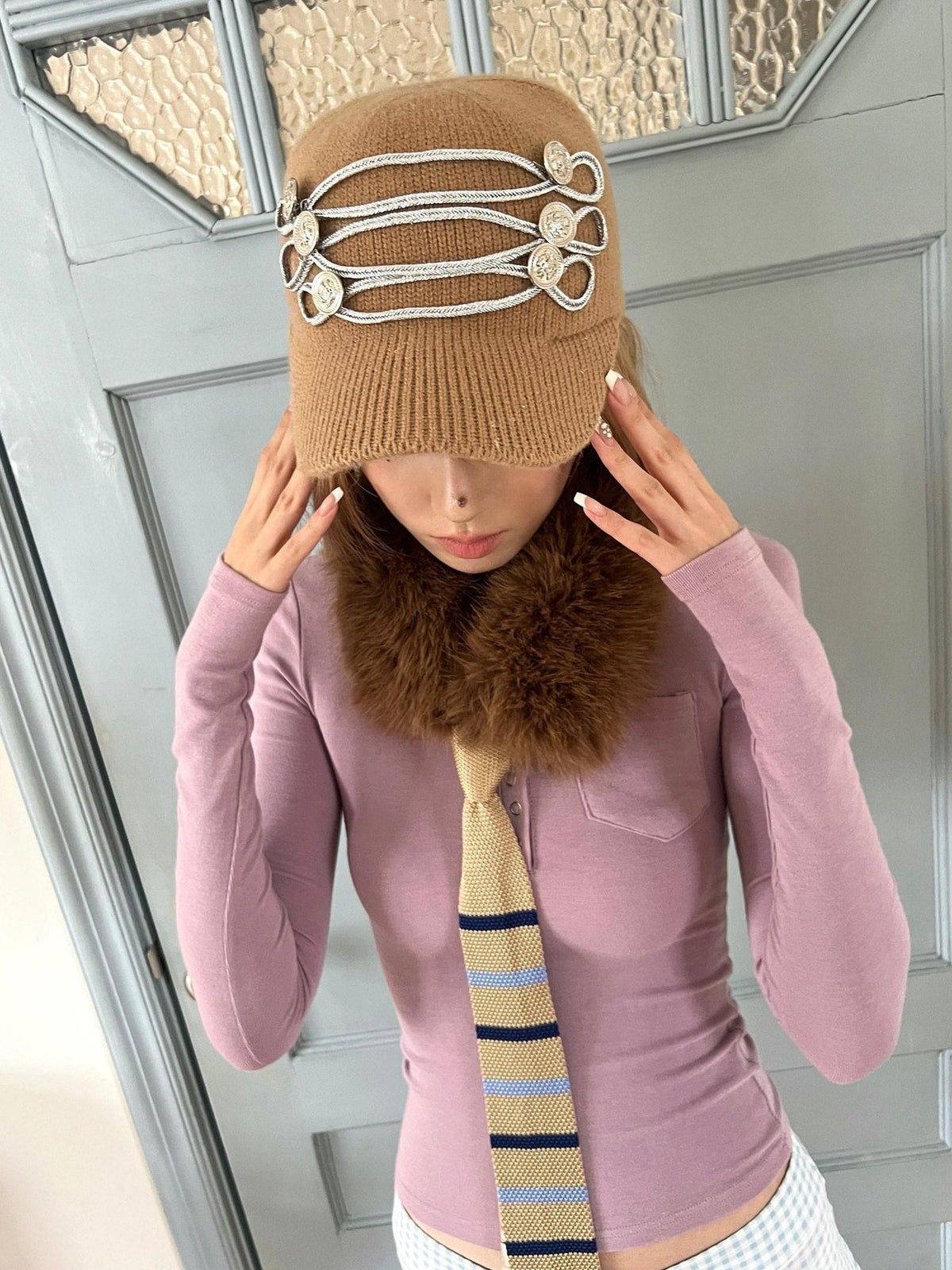 Cozy Thermal Knit Curved Brim Casual Unisex Large 58 To 60 Cm Blue Brown Caps