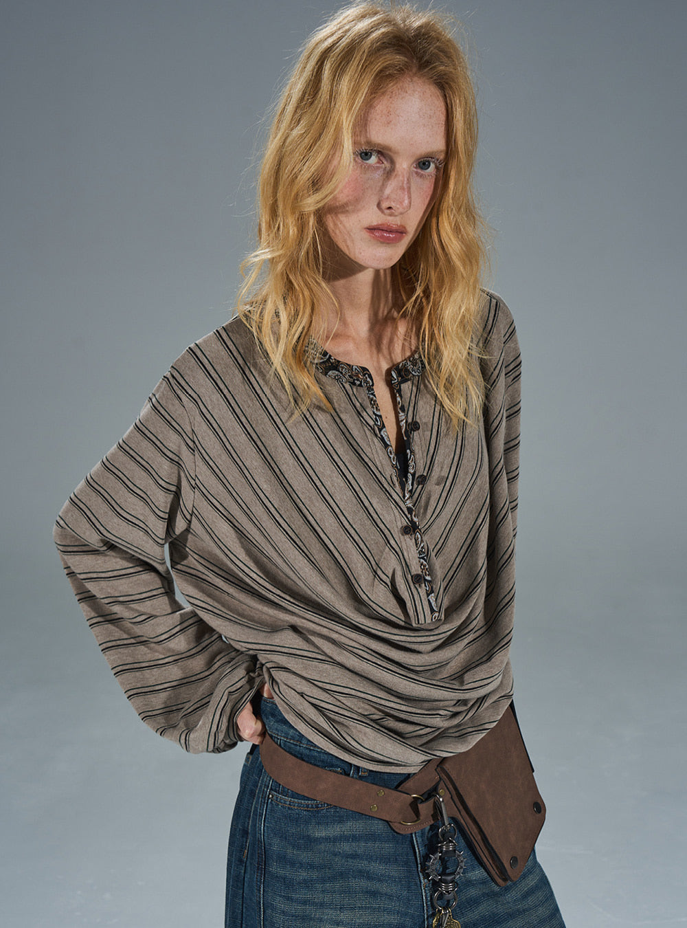 Brown Stripe Loose-Fit Stand Collar Top