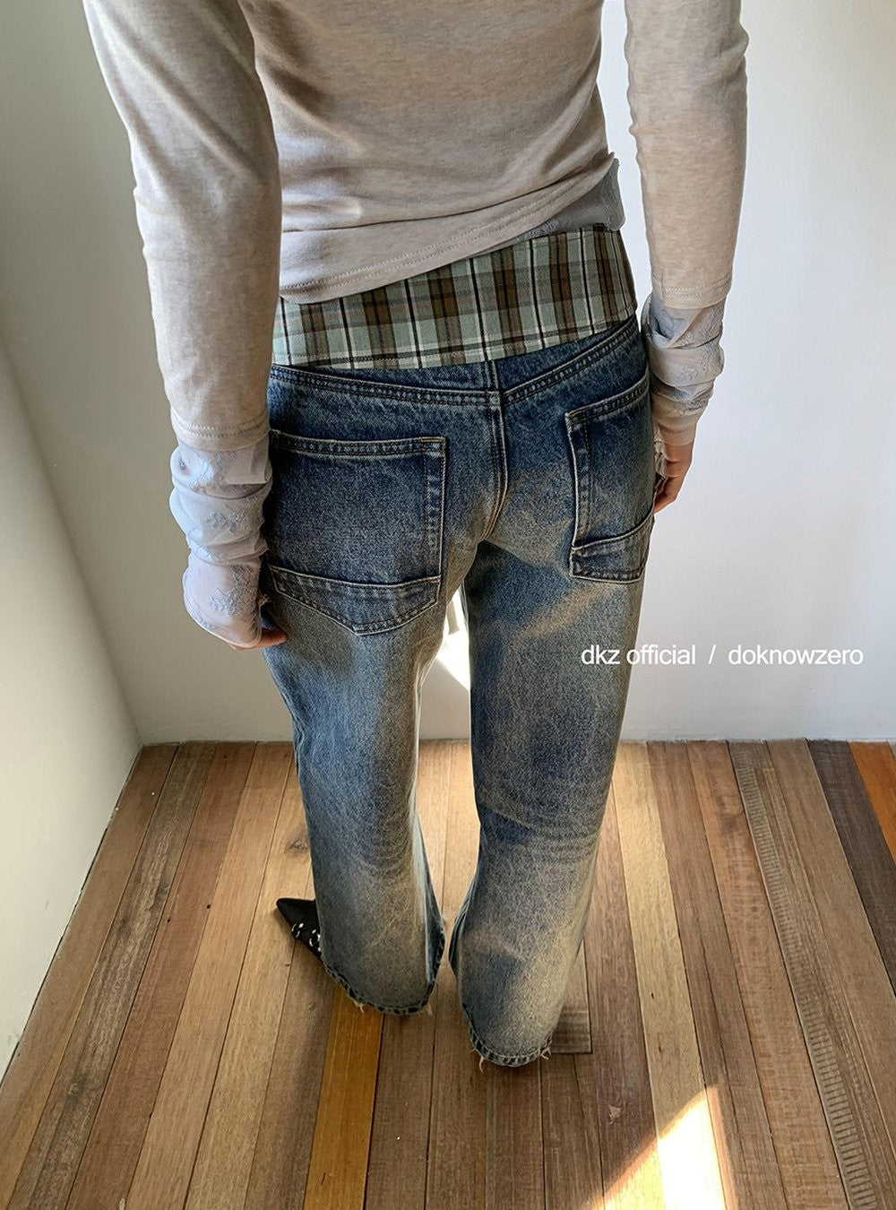 Plaid Accent Straight Denim Pants