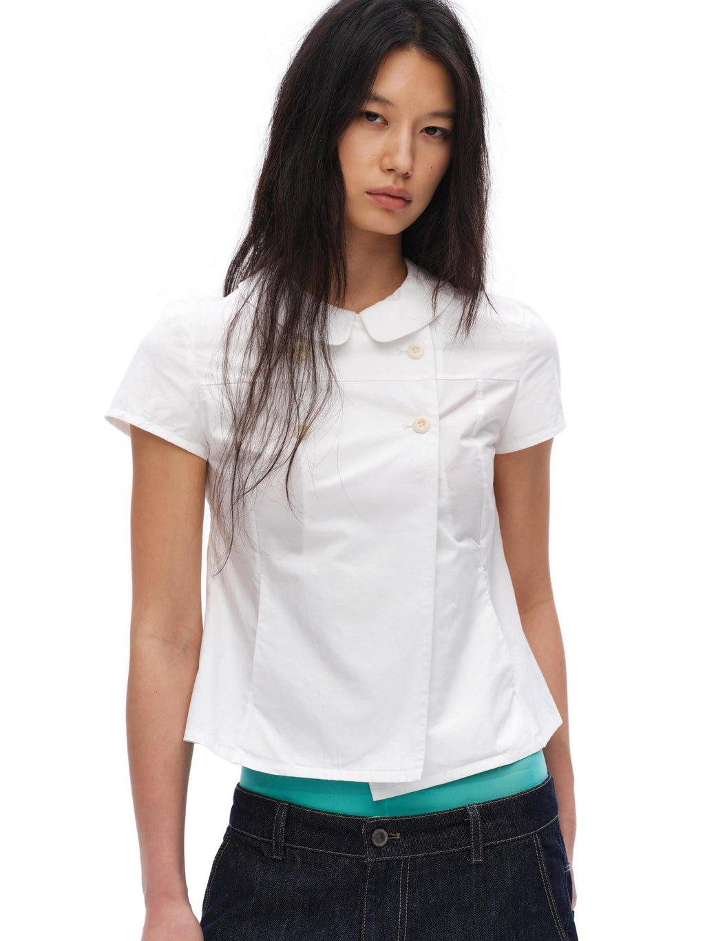 White Double Button Peter Pan Collar Slim Fit Short Sleeve Women'S Cotton Shirts