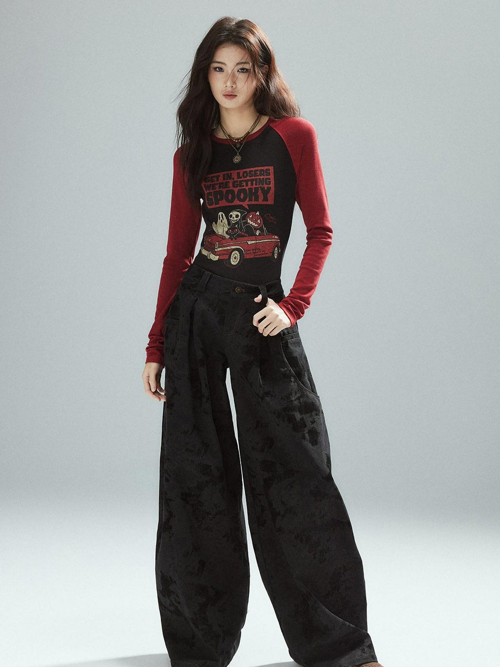 Black Cotton Flocked Low Rise Loose Street Women Zip Fly Wide Leg Jeans