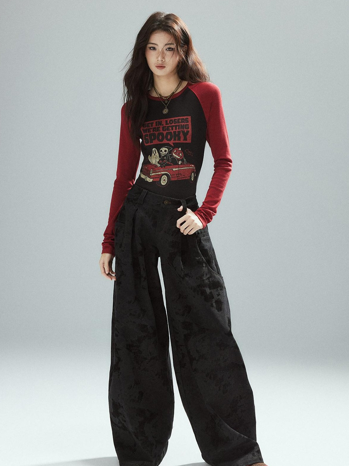 Black Cotton Flocked Low Rise Loose Street Women Zip Fly Wide Leg Jeans