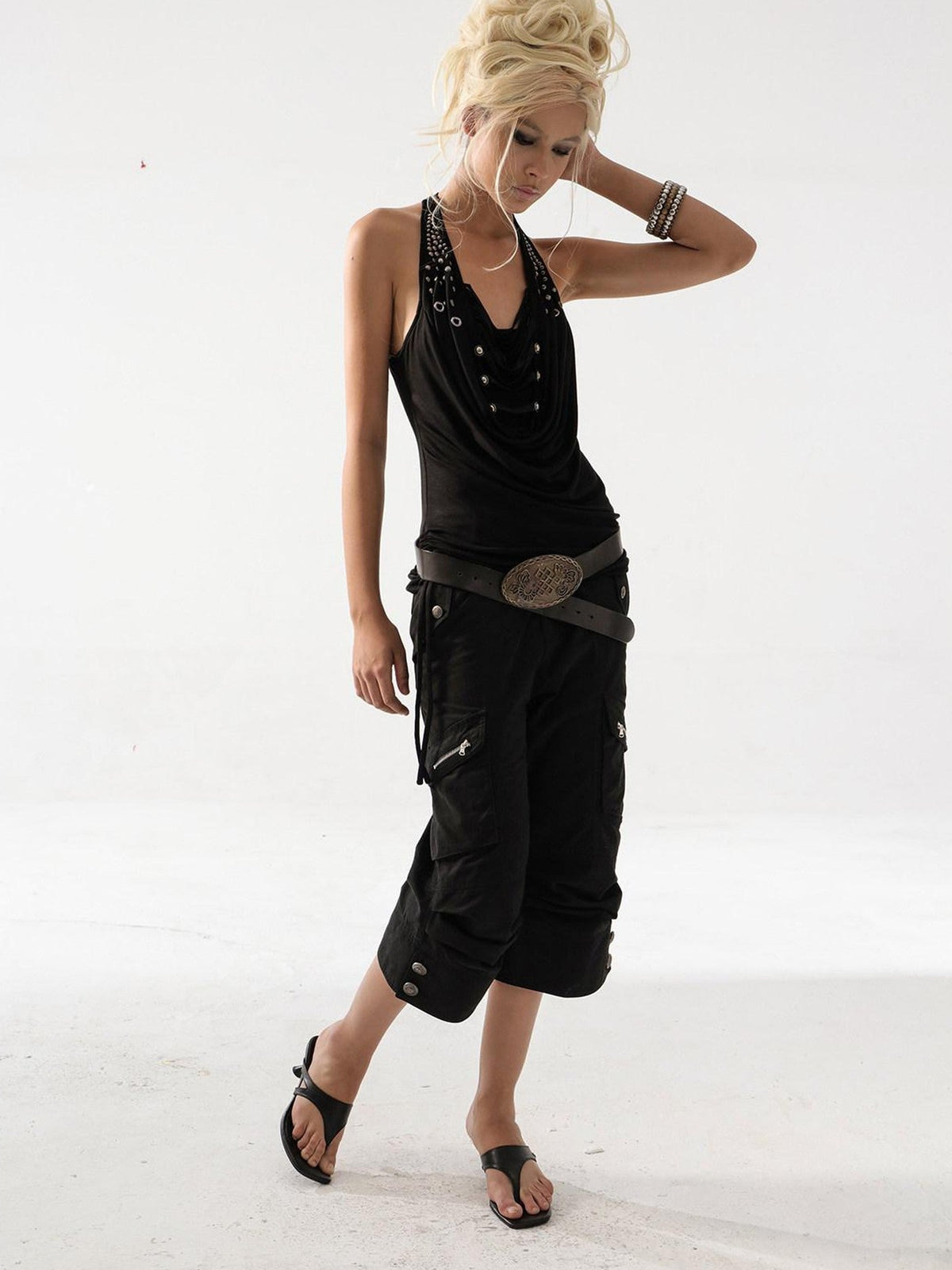 Vintage Biker Washed Cargo Women'S Cotton Flare Cropped Pants