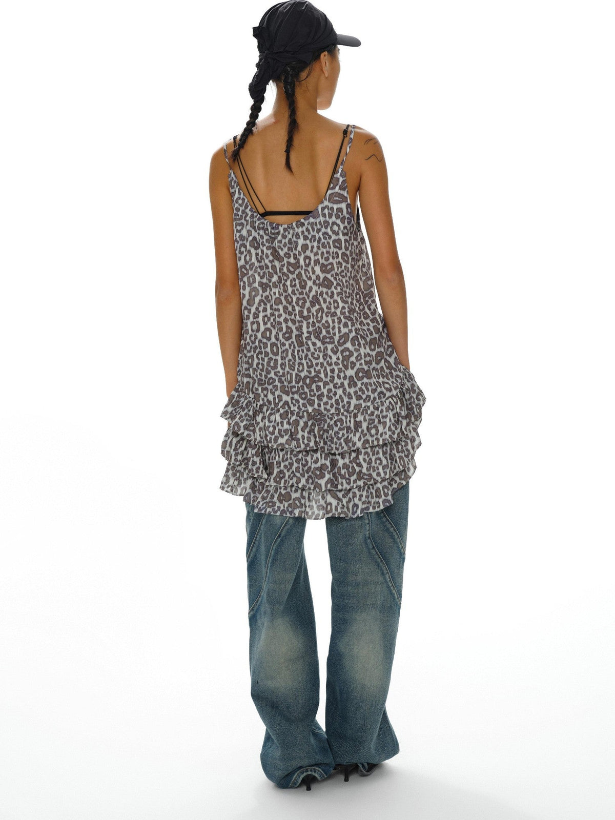 Leopard Print Ruffle Hem Adjustable Straps Women'S Polyester Slip Midi Dresses