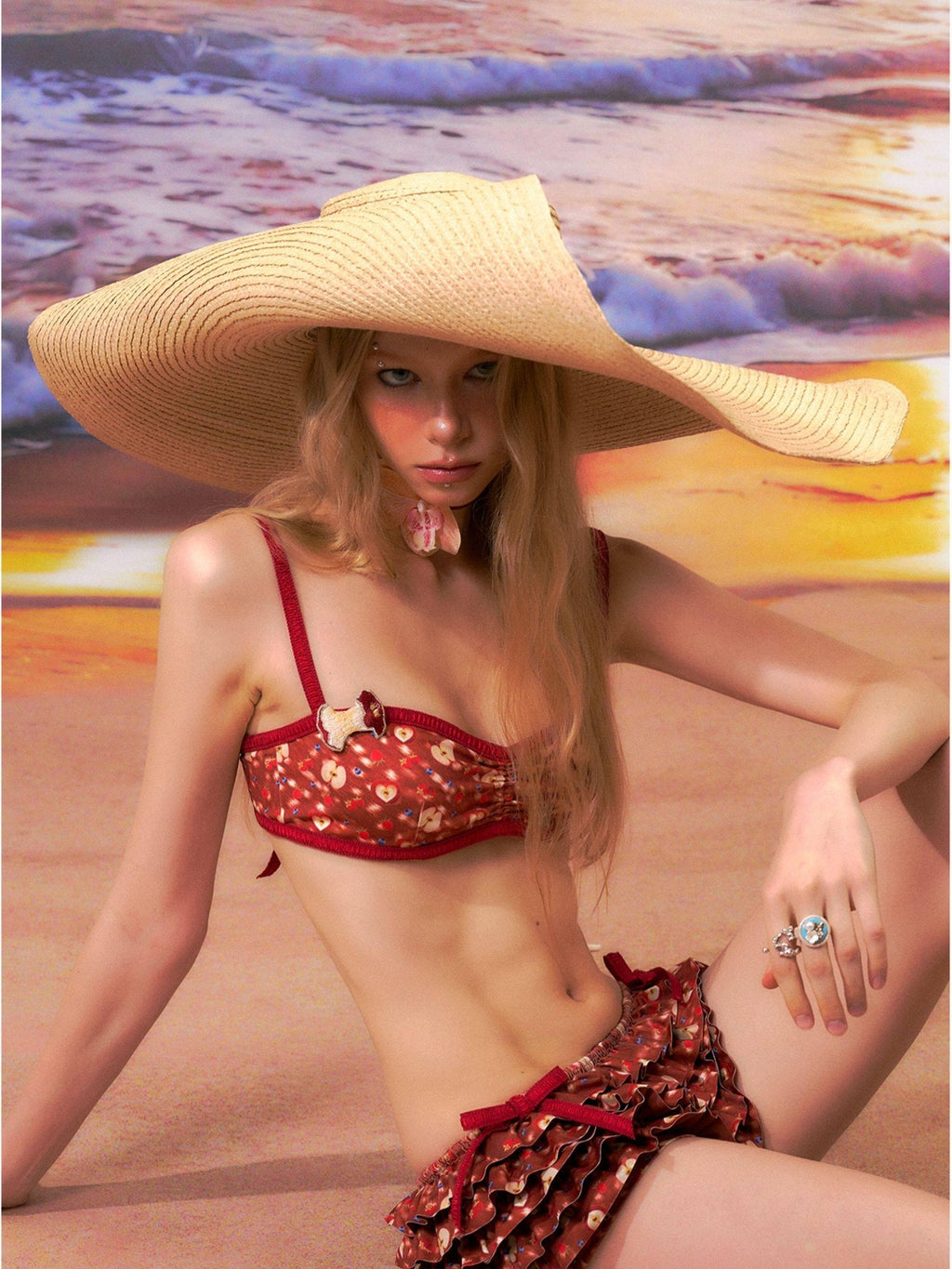 Red Ruffled Layered Skirt Shorts Casual Polyester Two Piece Women Bikini