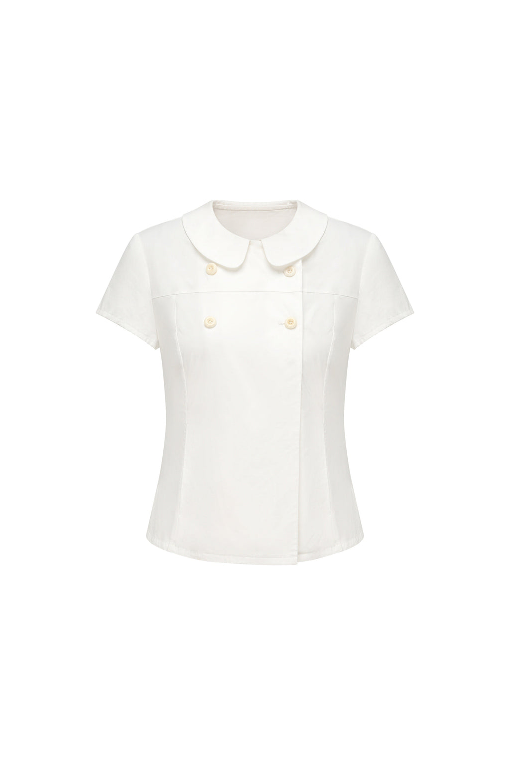 White Double Button Peter Pan Collar Slim Fit Short Sleeve Women'S Cotton Shirts