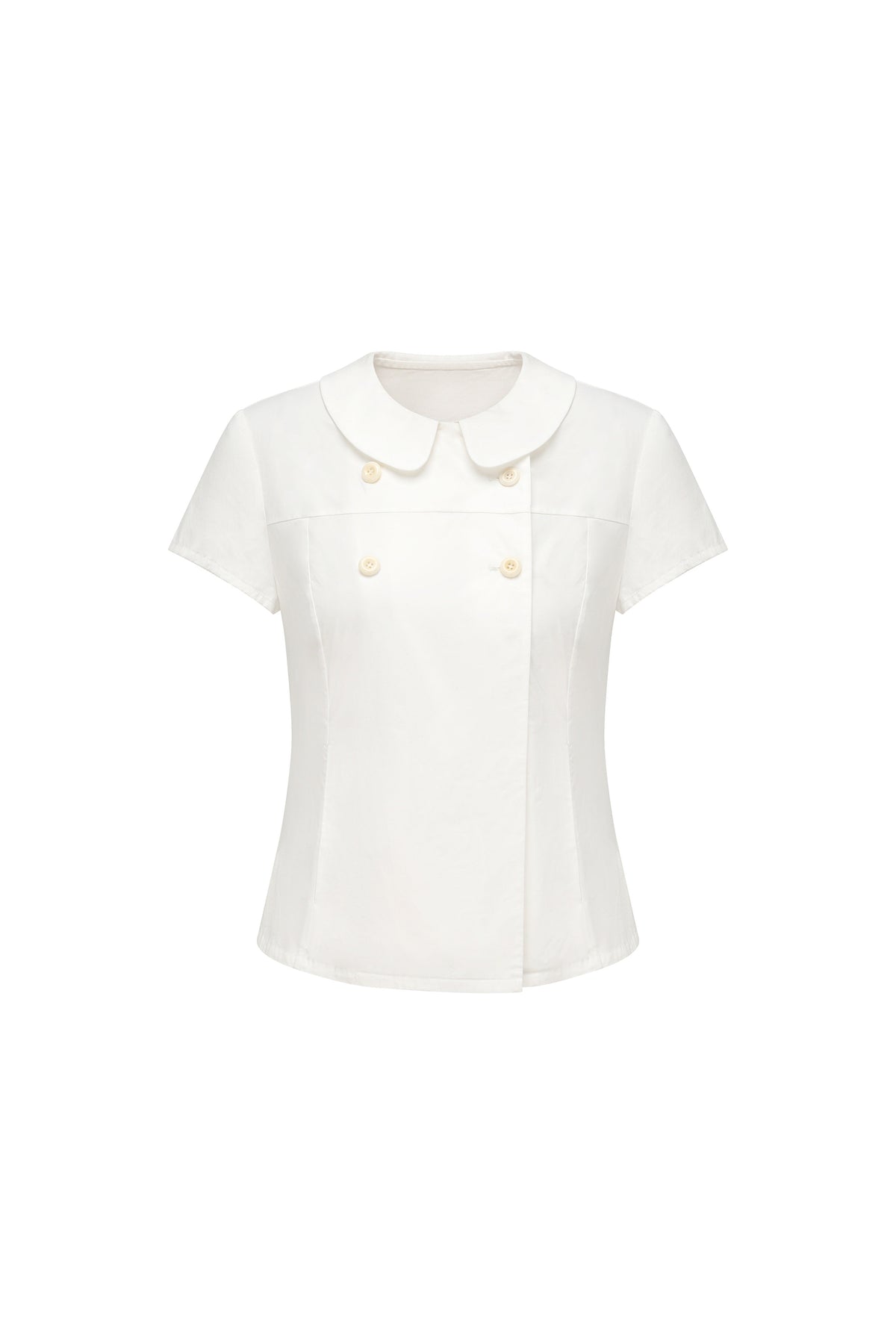 White Double Button Peter Pan Collar Slim Fit Short Sleeve Women'S Cotton Shirts