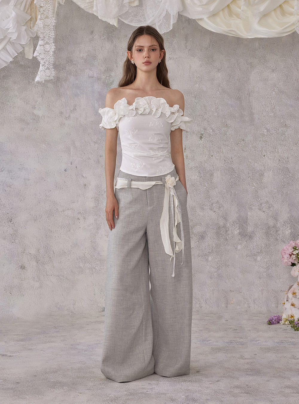 White Jacquard Off-Shoulder Frill Top