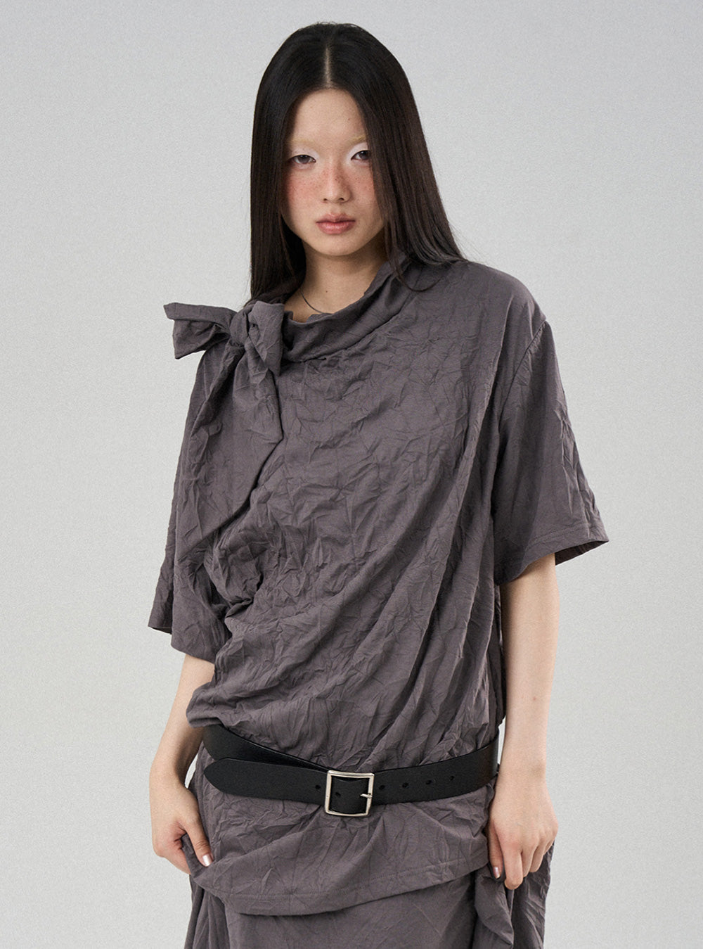 Tie-Neck Detail Crinkled Knit Tee (3color)